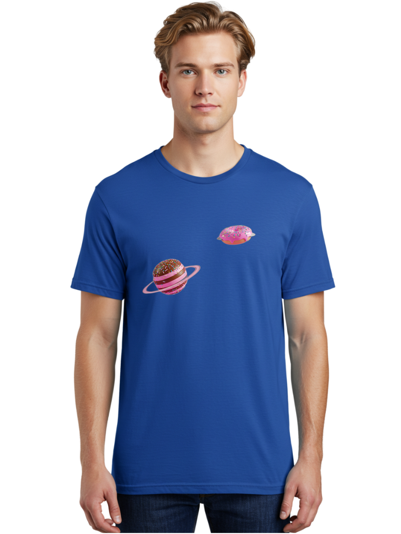 Donut-Planets Men'S Graphic Tee, 100% Cotton, Comfortable Casual Summer Wear, Machine Washable, Donut With Sprinkles, Planet With Ring, Pink Frosting, Chocolate Donut, Sprinkle Donut, Donut Planet, Fantasy Dessert, Sweet Treat, Bab870