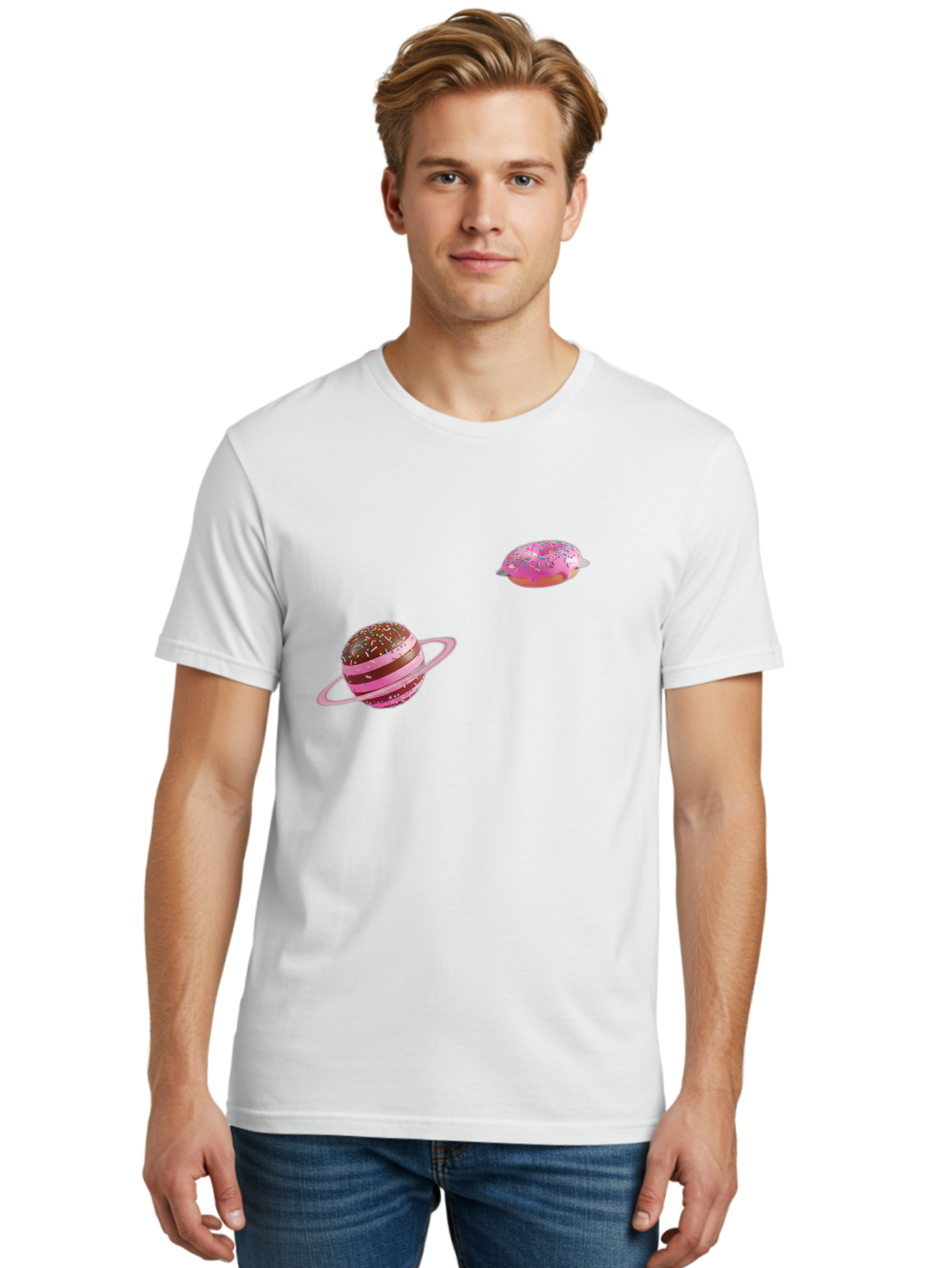 Donut-Planets Men'S Graphic Tee, 100% Cotton, Comfortable Casual Summer Wear, Machine Washable, Donut With Sprinkles, Planet With Ring, Pink Frosting, Chocolate Donut, Sprinkle Donut, Donut Planet, Fantasy Dessert, Sweet Treat, Bab870