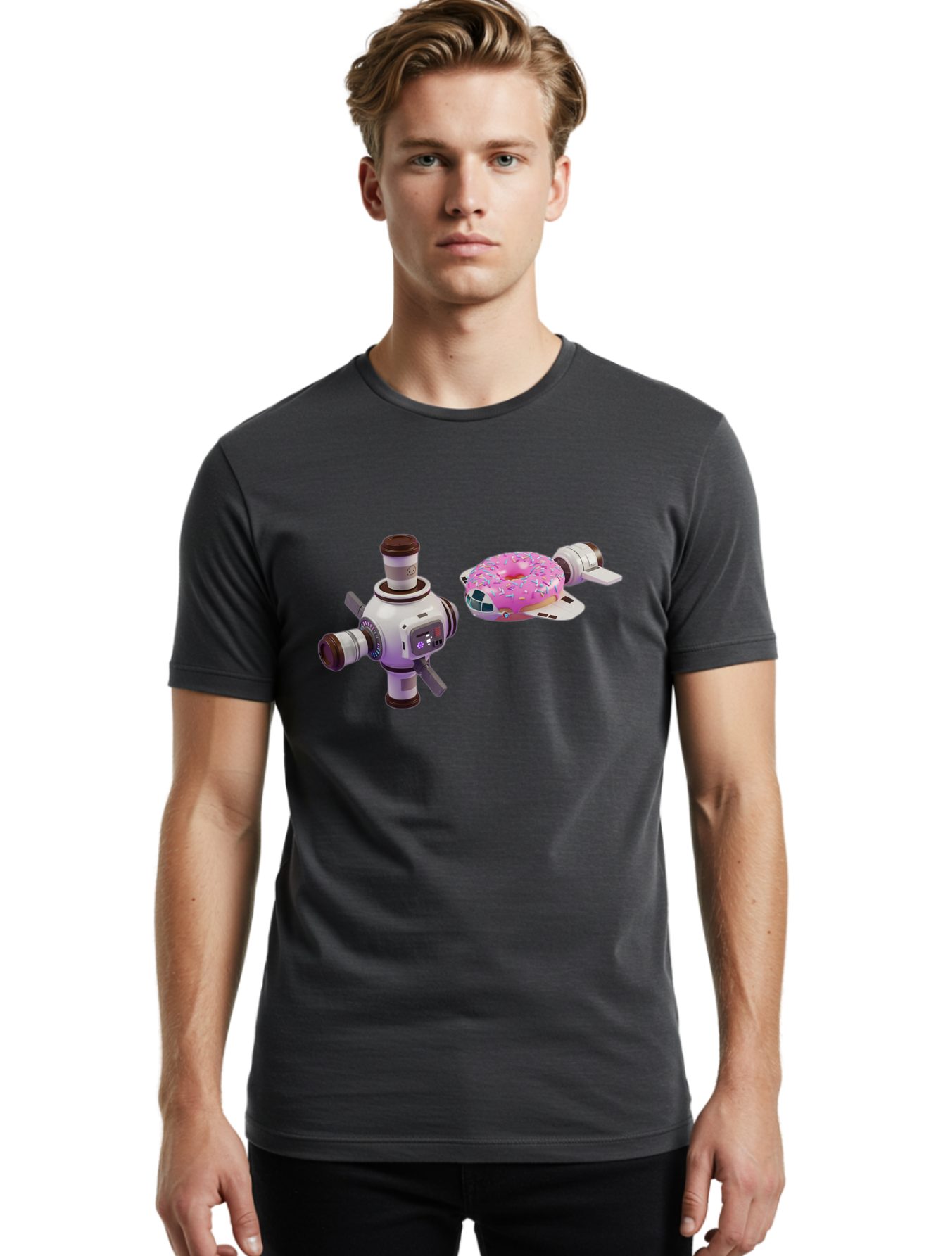 Donut-Spacecraft Men'S Graphic Tee, 100% Cotton, Comfortable Casual Summer Wear, Machine Washable, Donut Spaceship, Flying Saucer, Pink Frosted Donut, Sprinkles, Cartoon Style, Alien Spacecraft, Sci-Fi, Whimsical, Playful, Futuristic, Bab872
