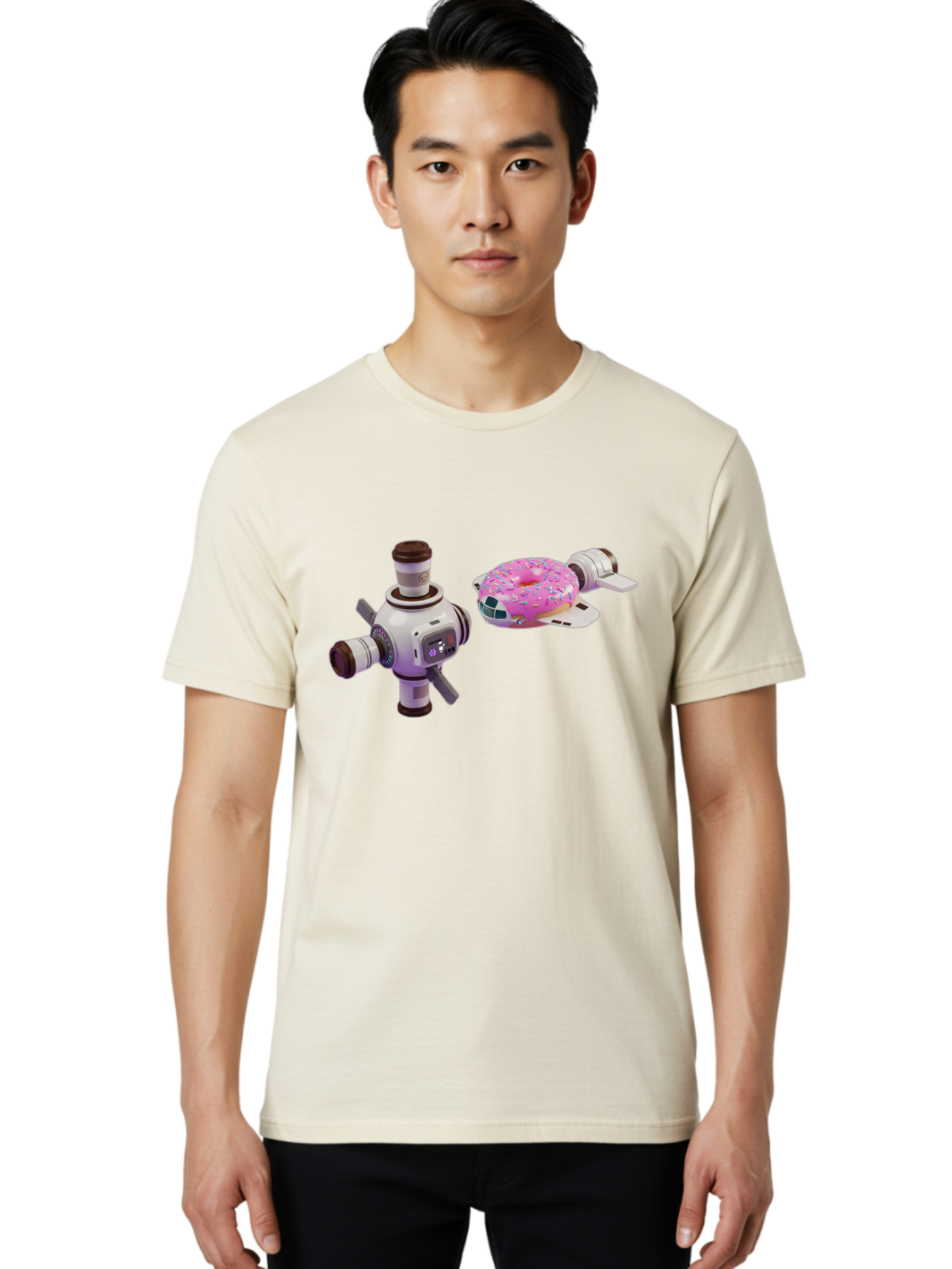 Donut-Spacecraft Men'S Graphic Tee, 100% Cotton, Comfortable Casual Summer Wear, Machine Washable, Donut Spaceship, Flying Saucer, Pink Frosted Donut, Sprinkles, Cartoon Style, Alien Spacecraft, Sci-Fi, Whimsical, Playful, Futuristic, Bab872