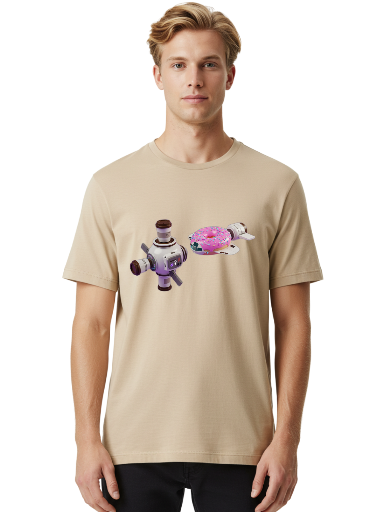 Donut-Spacecraft Men'S Graphic Tee, 100% Cotton, Comfortable Casual Summer Wear, Machine Washable, Donut Spaceship, Flying Saucer, Pink Frosted Donut, Sprinkles, Cartoon Style, Alien Spacecraft, Sci-Fi, Whimsical, Playful, Futuristic, Bab872