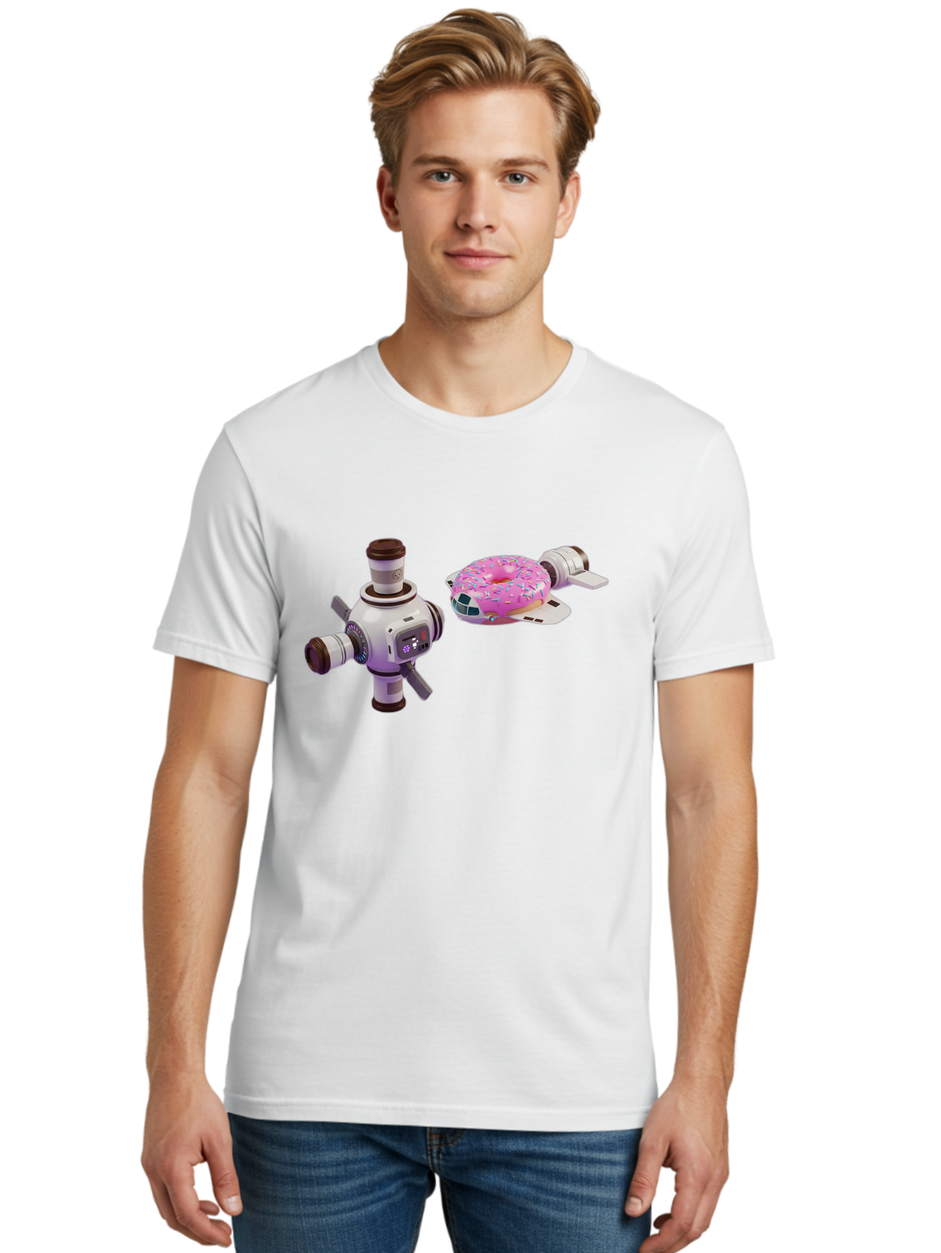 Donut-Spacecraft Men'S Graphic Tee, 100% Cotton, Comfortable Casual Summer Wear, Machine Washable, Donut Spaceship, Flying Saucer, Pink Frosted Donut, Sprinkles, Cartoon Style, Alien Spacecraft, Sci-Fi, Whimsical, Playful, Futuristic, Bab872