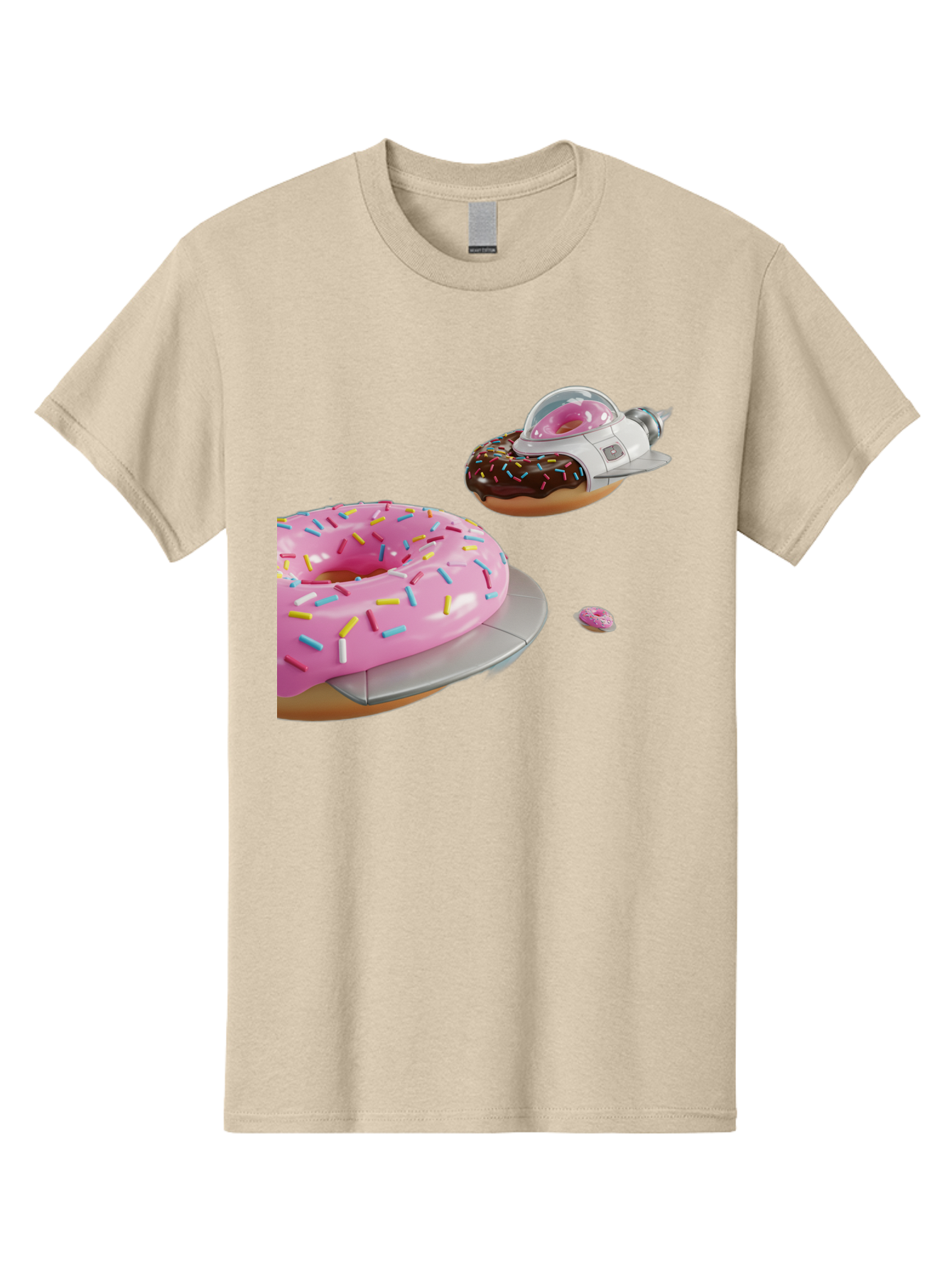 Donut-Ufo-1 Men'S Graphic Tee, 100% Cotton, Comfortable Casual Summer Wear, Machine Washable, Donut Spaceship, Pink Glazed Donut, Chocolate Frosted Donut, Sprinkles, Ufo, Space Ship, Donut On A Spaceship, Quirky, Funny, Sweet Treats, Creative, Bab873