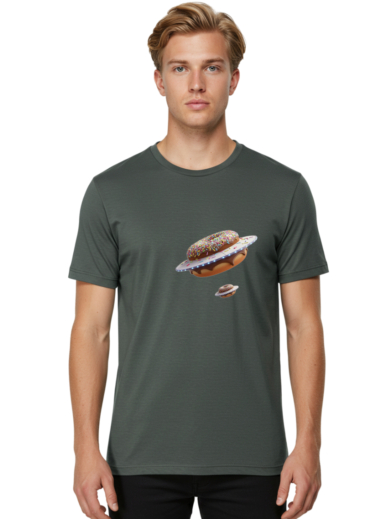 Donut-Ufo-2 Men'S Graphic Tee, 100% Cotton, Comfortable Casual Summer Wear, Machine Washable, Donut Ufo, Sprinkles, Colorful Treats, Flying Donuts, Sweet Galaxy, Whimsical Dessert, Digital Art, Creative Design, Fun Food Bab874