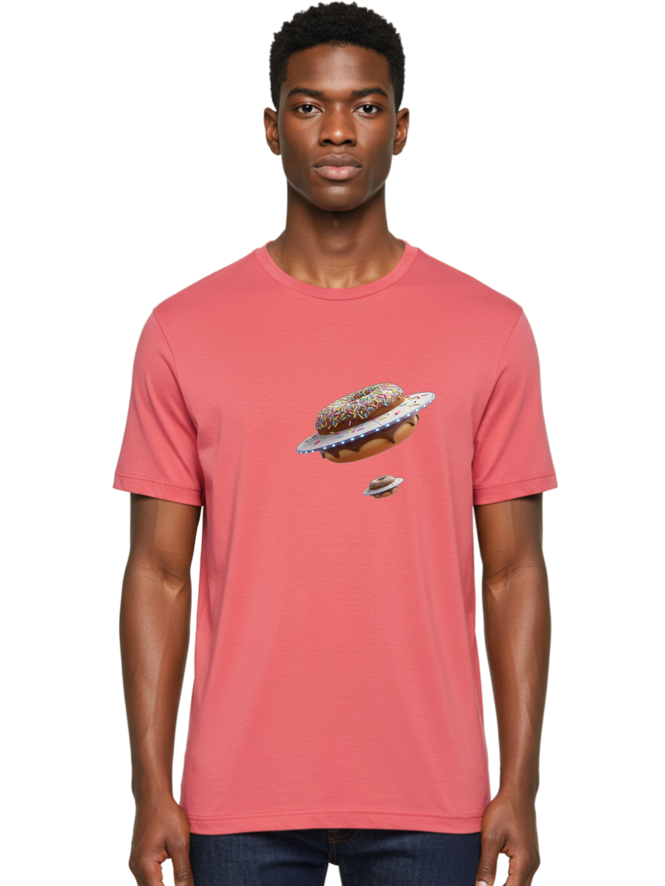 Donut-Ufo-2 Men'S Graphic Tee, 100% Cotton, Comfortable Casual Summer Wear, Machine Washable, Donut Ufo, Sprinkles, Colorful Treats, Flying Donuts, Sweet Galaxy, Whimsical Dessert, Digital Art, Creative Design, Fun Food Bab874