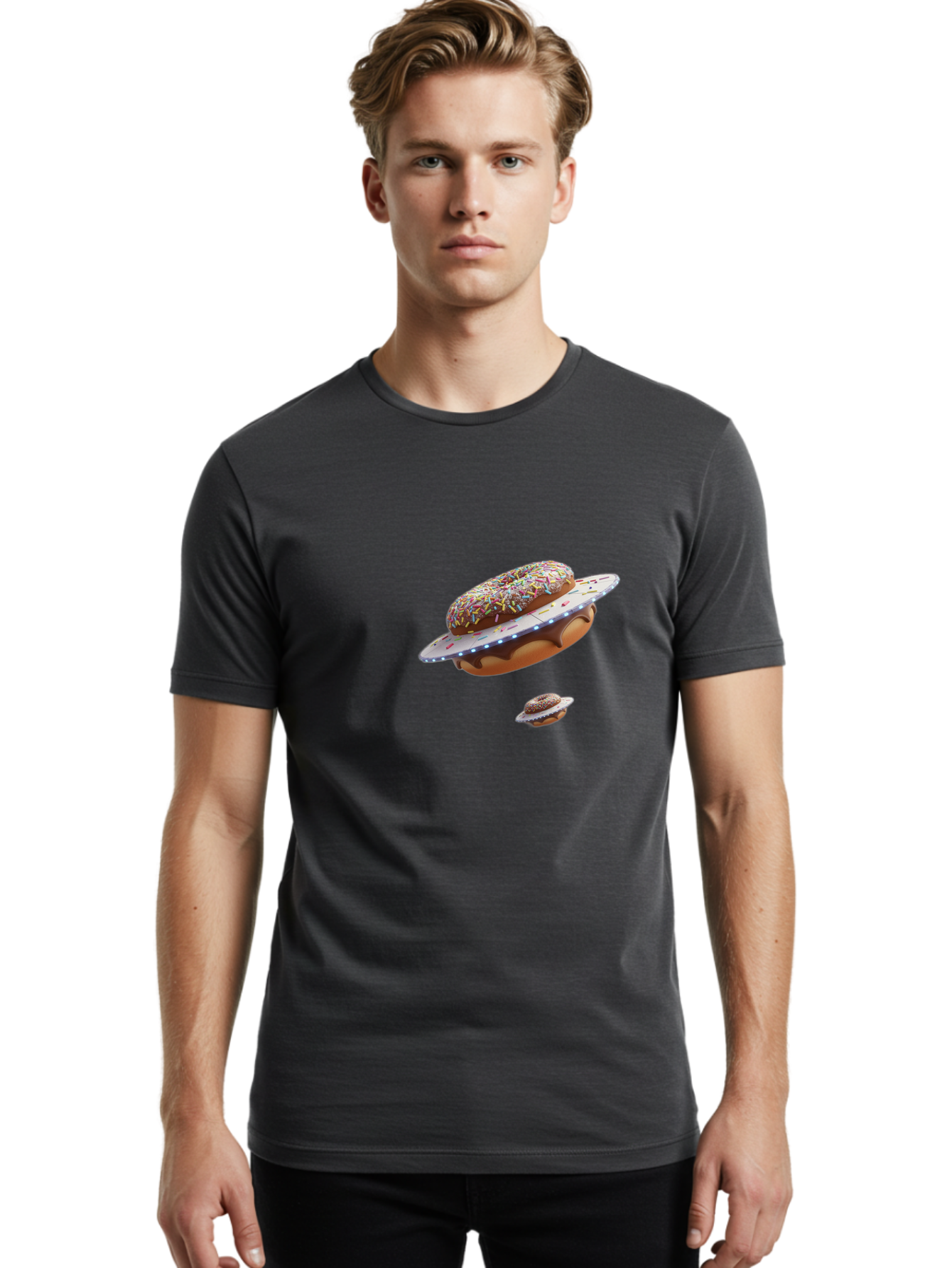 Donut-Ufo-2 Men'S Graphic Tee, 100% Cotton, Comfortable Casual Summer Wear, Machine Washable, Donut Ufo, Sprinkles, Colorful Treats, Flying Donuts, Sweet Galaxy, Whimsical Dessert, Digital Art, Creative Design, Fun Food Bab874