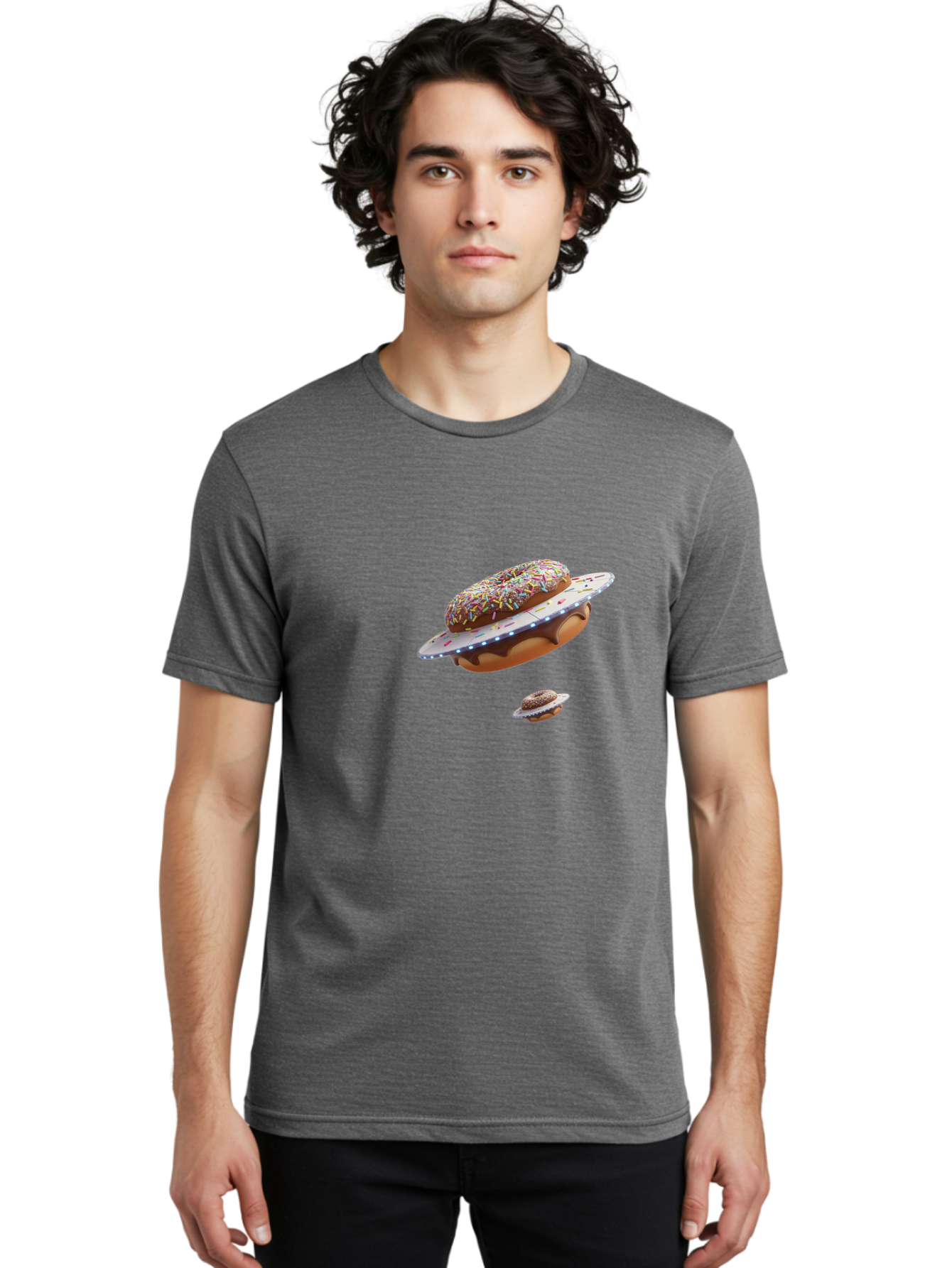 Donut-Ufo-2 Men'S Graphic Tee, 100% Cotton, Comfortable Casual Summer Wear, Machine Washable, Donut Ufo, Sprinkles, Colorful Treats, Flying Donuts, Sweet Galaxy, Whimsical Dessert, Digital Art, Creative Design, Fun Food Bab874