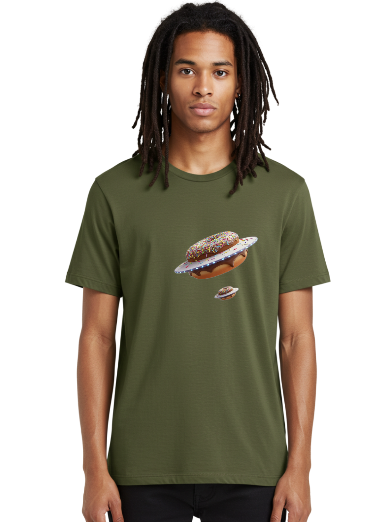Donut-Ufo-2 Men'S Graphic Tee, 100% Cotton, Comfortable Casual Summer Wear, Machine Washable, Donut Ufo, Sprinkles, Colorful Treats, Flying Donuts, Sweet Galaxy, Whimsical Dessert, Digital Art, Creative Design, Fun Food Bab874
