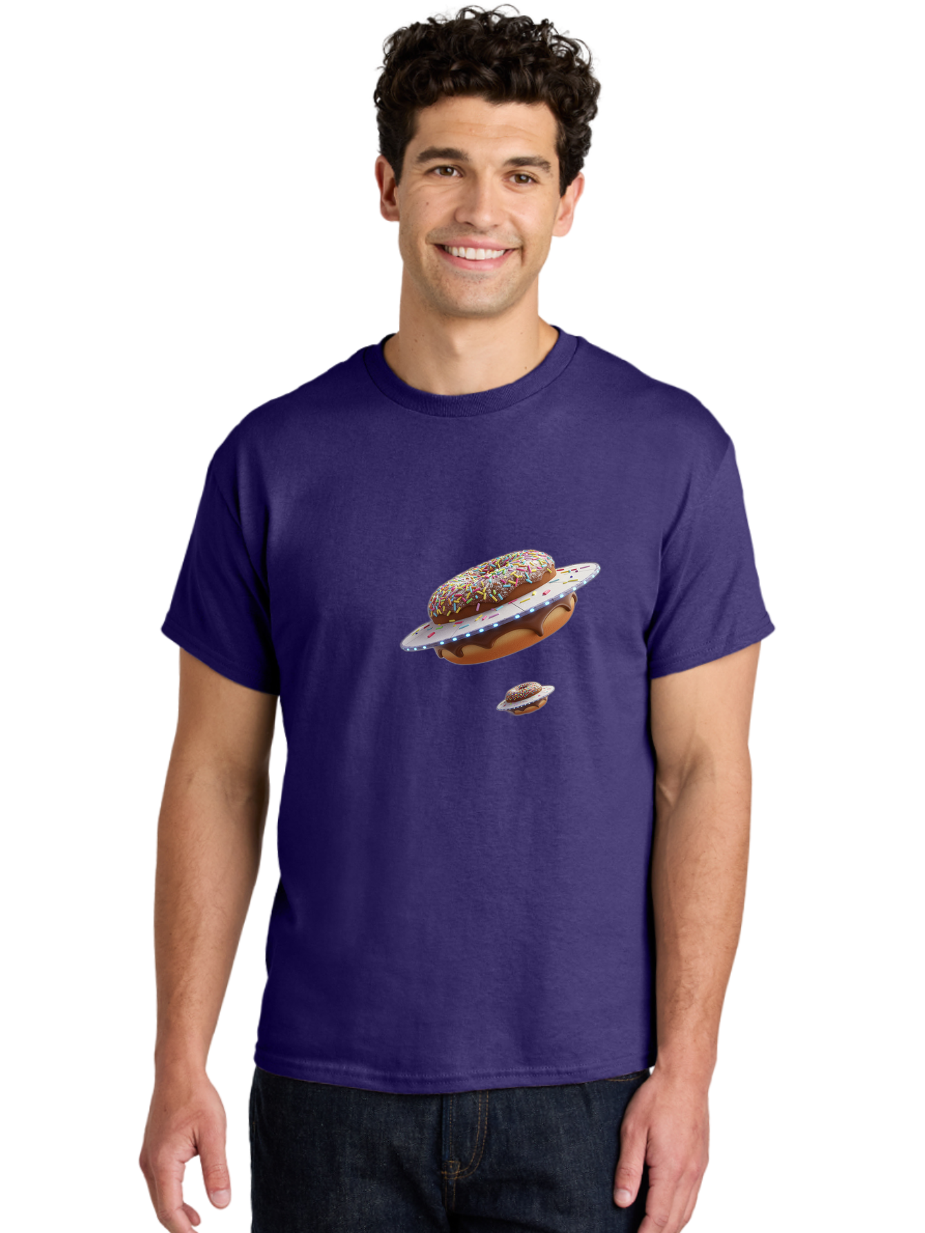 Donut-Ufo-2 Men'S Graphic Tee, 100% Cotton, Comfortable Casual Summer Wear, Machine Washable, Donut Ufo, Sprinkles, Colorful Treats, Flying Donuts, Sweet Galaxy, Whimsical Dessert, Digital Art, Creative Design, Fun Food Bab874