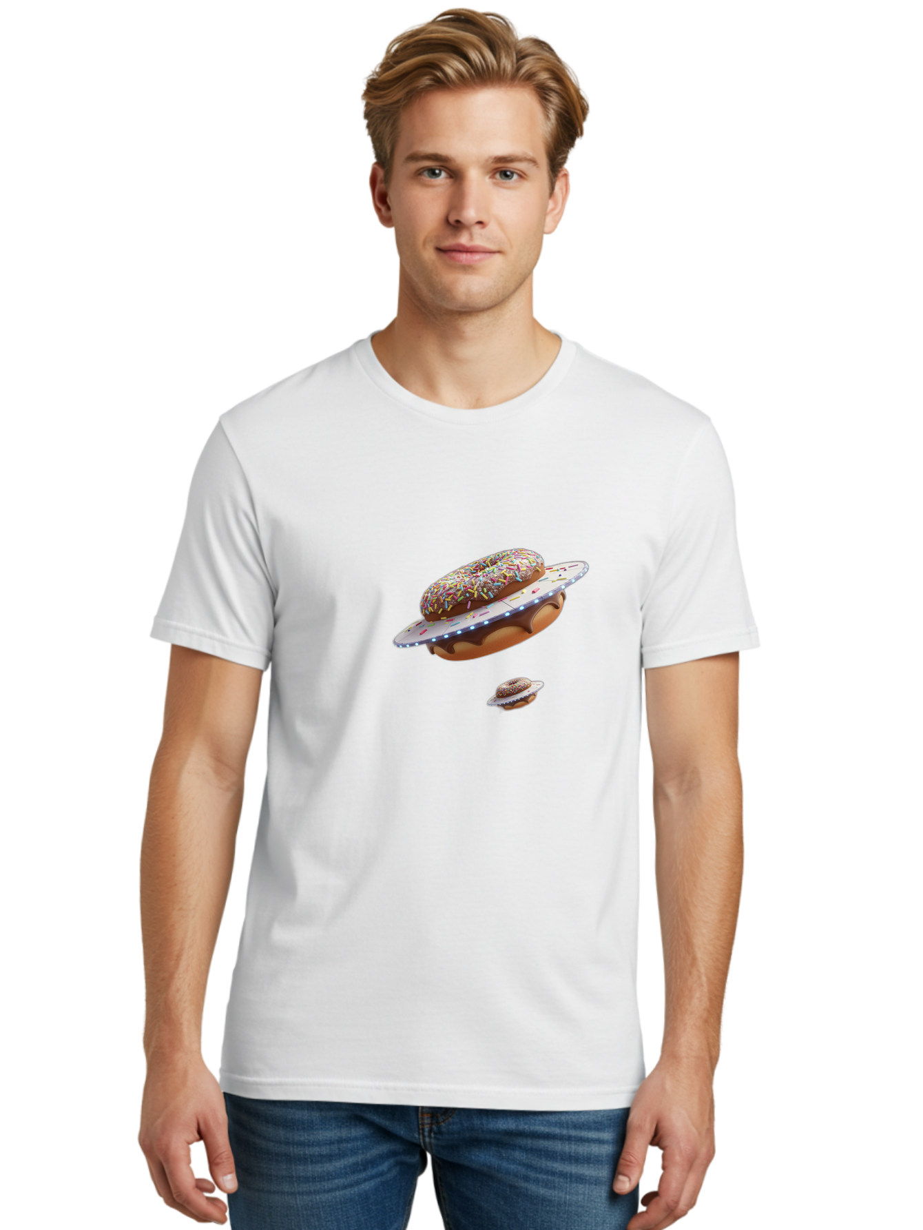 Donut-Ufo-2 Men'S Graphic Tee, 100% Cotton, Comfortable Casual Summer Wear, Machine Washable, Donut Ufo, Sprinkles, Colorful Treats, Flying Donuts, Sweet Galaxy, Whimsical Dessert, Digital Art, Creative Design, Fun Food Bab874