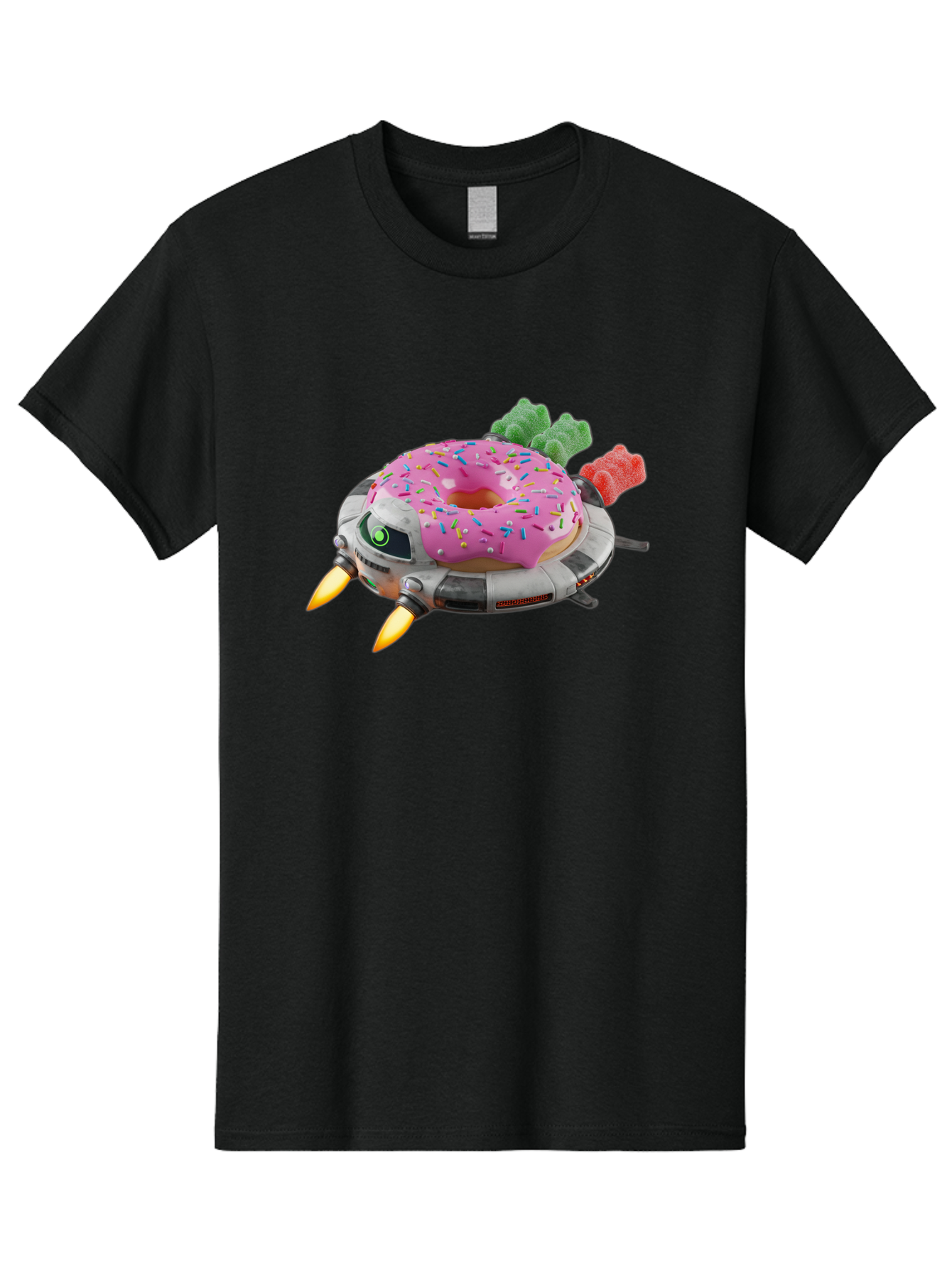 Donut-Ufo Men'S Graphic Tee, 100% Cotton, Comfortable Casual Summer Wear, Machine Washable, Pink Frosted Donut With Sprinkles, Ufo, Robotic Eyes, Gummy Bears, Futuristic, Candy, Sweet Treats, Digital Art, Cartoon Style, Whimsical, Fantastical Bab875