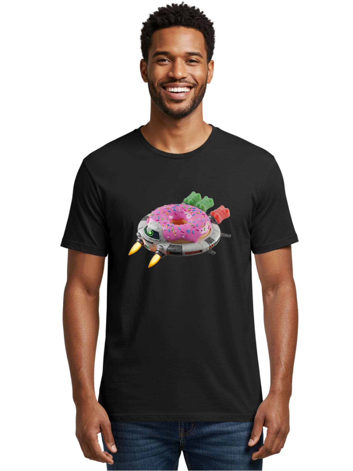 Donut-Ufo Men'S Graphic Tee, 100% Cotton, Comfortable Casual Summer Wear, Machine Washable, Pink Frosted Donut With Sprinkles, Ufo, Robotic Eyes, Gummy Bears, Futuristic, Candy, Sweet Treats, Digital Art, Cartoon Style, Whimsical, Fantastical Bab875