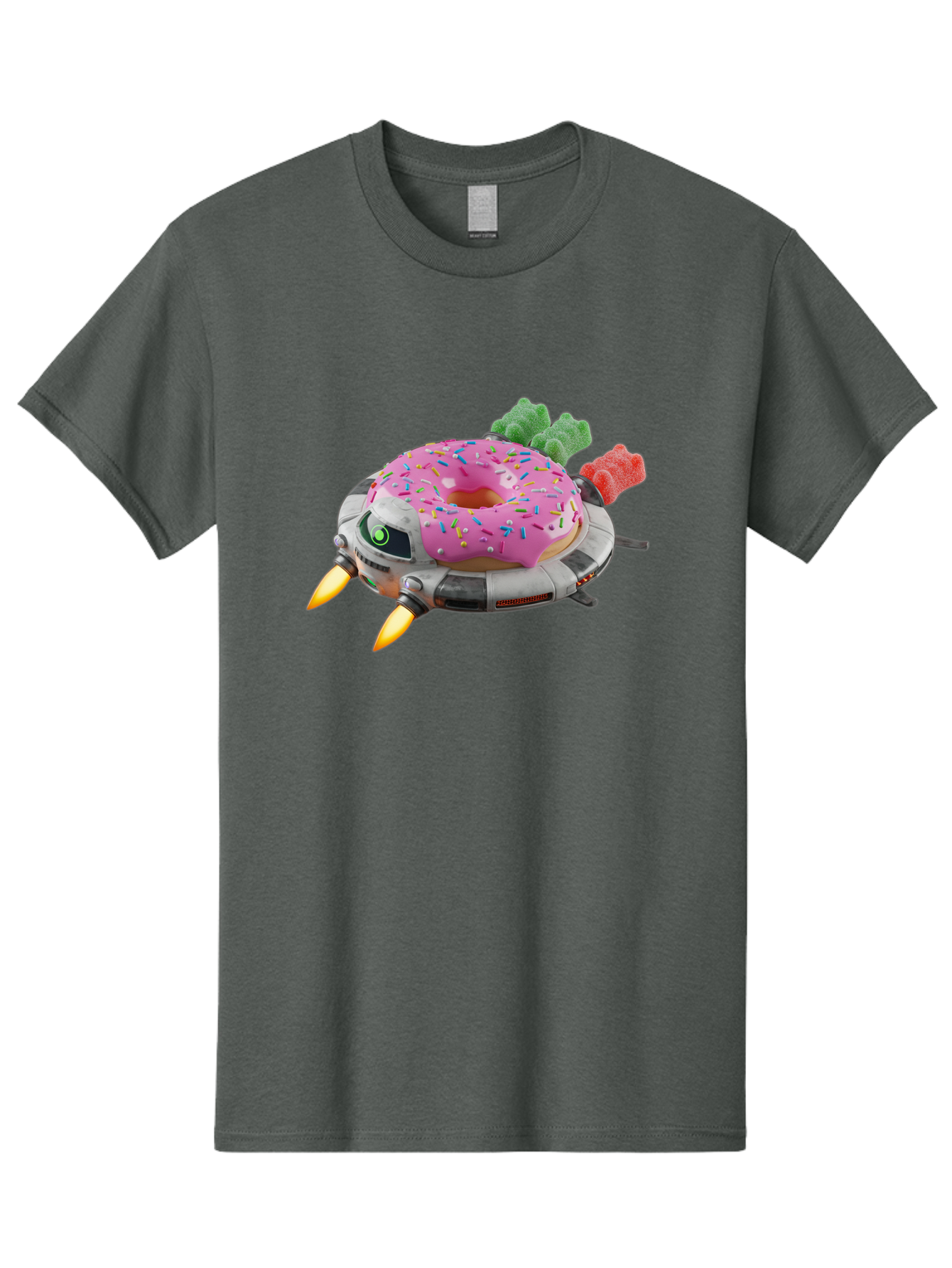 Donut-Ufo Men'S Graphic Tee, 100% Cotton, Comfortable Casual Summer Wear, Machine Washable, Pink Frosted Donut With Sprinkles, Ufo, Robotic Eyes, Gummy Bears, Futuristic, Candy, Sweet Treats, Digital Art, Cartoon Style, Whimsical, Fantastical Bab875