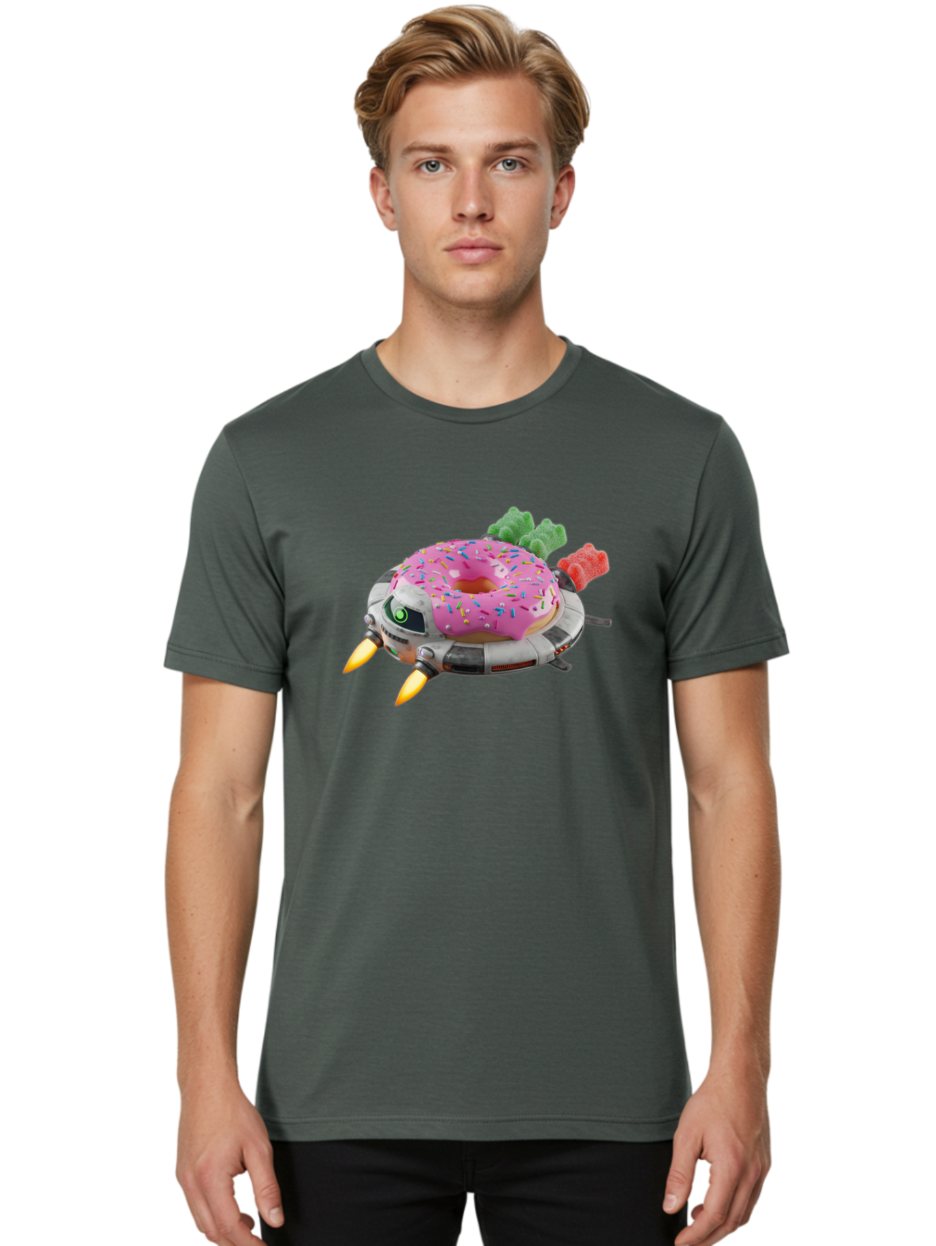 Donut-Ufo Men'S Graphic Tee, 100% Cotton, Comfortable Casual Summer Wear, Machine Washable, Pink Frosted Donut With Sprinkles, Ufo, Robotic Eyes, Gummy Bears, Futuristic, Candy, Sweet Treats, Digital Art, Cartoon Style, Whimsical, Fantastical Bab875