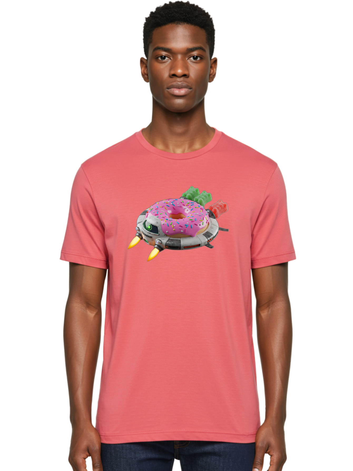 Donut-Ufo Men'S Graphic Tee, 100% Cotton, Comfortable Casual Summer Wear, Machine Washable, Pink Frosted Donut With Sprinkles, Ufo, Robotic Eyes, Gummy Bears, Futuristic, Candy, Sweet Treats, Digital Art, Cartoon Style, Whimsical, Fantastical Bab875