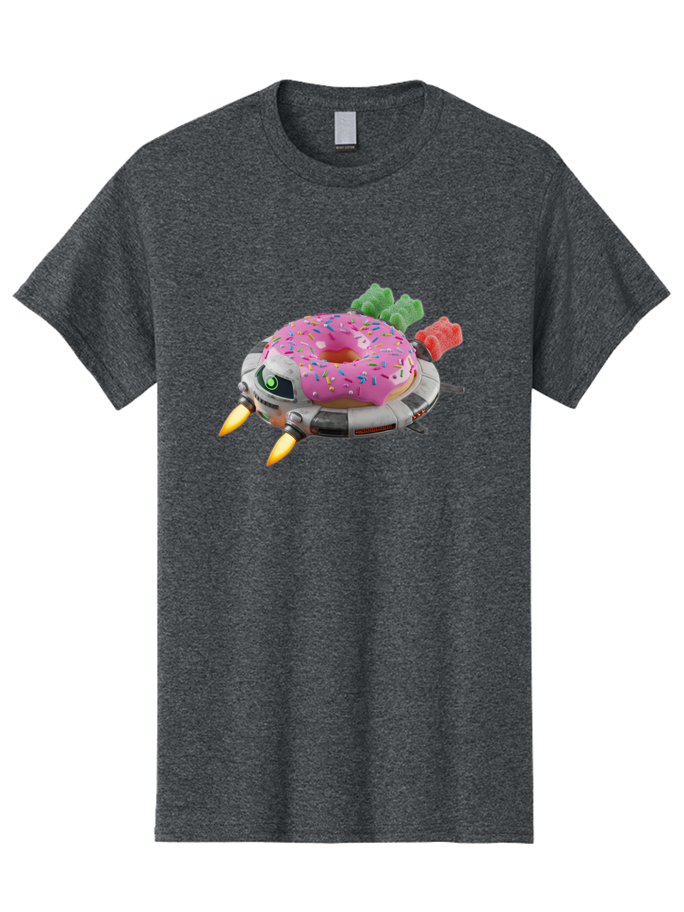 Donut-Ufo Men'S Graphic Tee, 100% Cotton, Comfortable Casual Summer Wear, Machine Washable, Pink Frosted Donut With Sprinkles, Ufo, Robotic Eyes, Gummy Bears, Futuristic, Candy, Sweet Treats, Digital Art, Cartoon Style, Whimsical, Fantastical Bab875