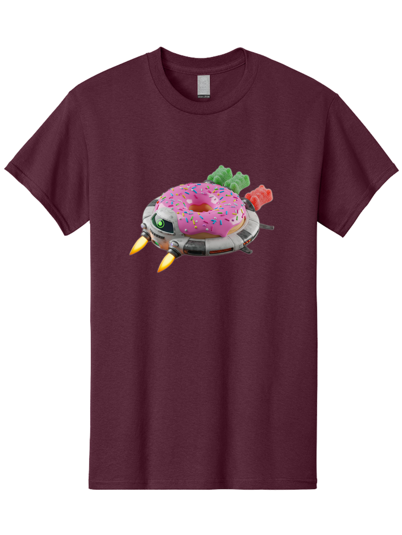 Donut-Ufo Men'S Graphic Tee, 100% Cotton, Comfortable Casual Summer Wear, Machine Washable, Pink Frosted Donut With Sprinkles, Ufo, Robotic Eyes, Gummy Bears, Futuristic, Candy, Sweet Treats, Digital Art, Cartoon Style, Whimsical, Fantastical Bab875