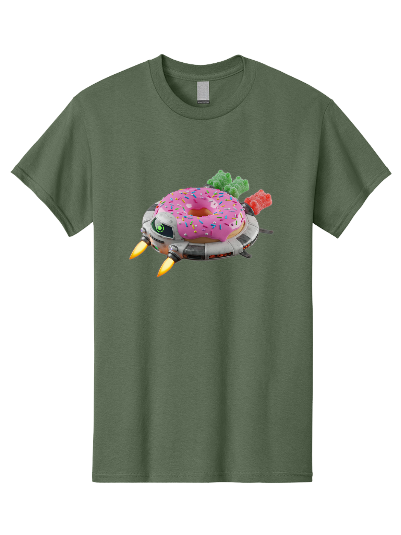 Donut-Ufo Men'S Graphic Tee, 100% Cotton, Comfortable Casual Summer Wear, Machine Washable, Pink Frosted Donut With Sprinkles, Ufo, Robotic Eyes, Gummy Bears, Futuristic, Candy, Sweet Treats, Digital Art, Cartoon Style, Whimsical, Fantastical Bab875