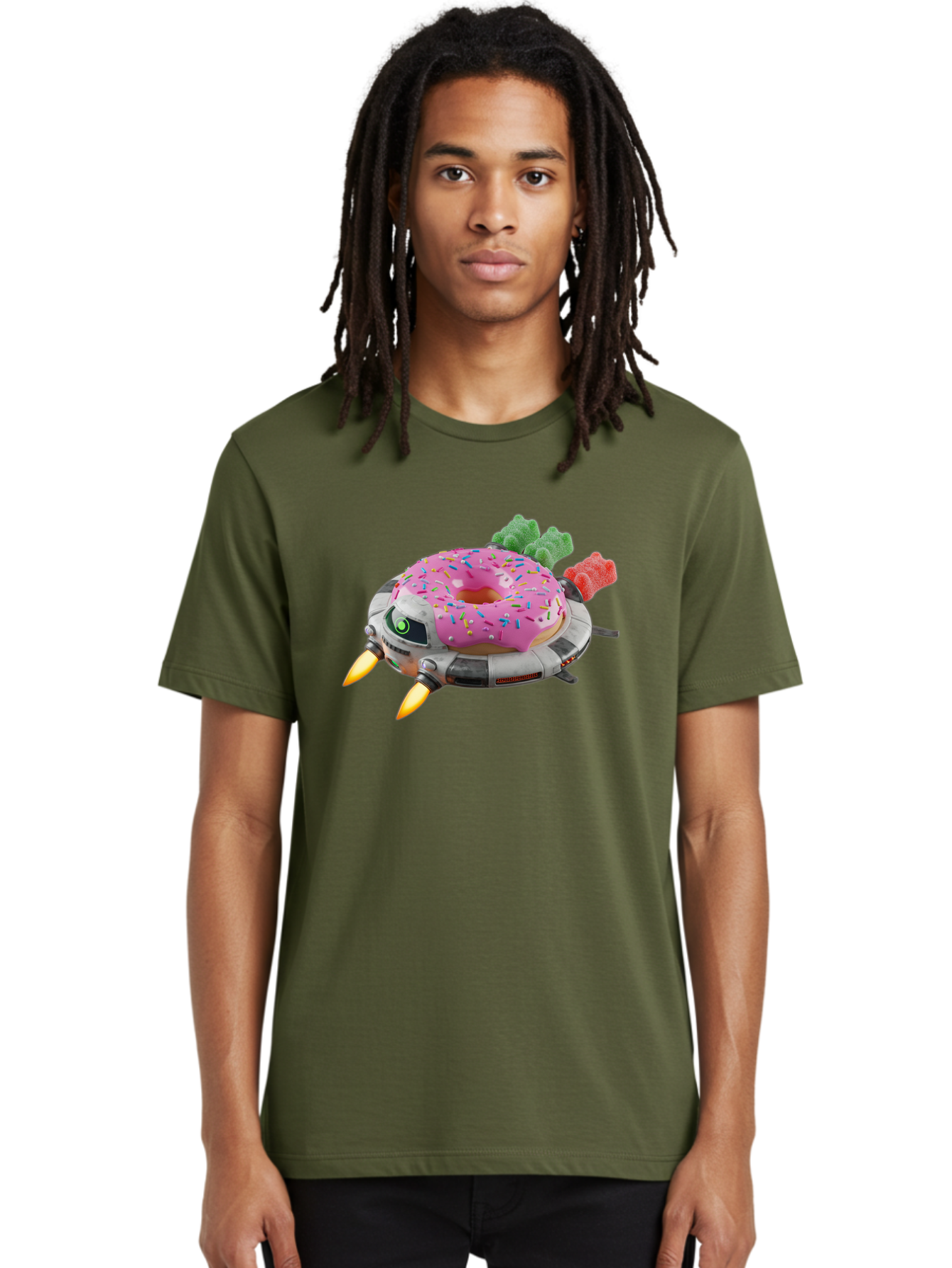 Donut-Ufo Men'S Graphic Tee, 100% Cotton, Comfortable Casual Summer Wear, Machine Washable, Pink Frosted Donut With Sprinkles, Ufo, Robotic Eyes, Gummy Bears, Futuristic, Candy, Sweet Treats, Digital Art, Cartoon Style, Whimsical, Fantastical Bab875