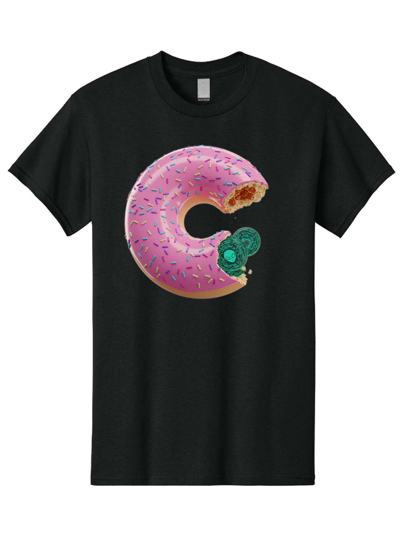 Donut-With-Bitcoin-Bite Men'S Graphic Tee, 100% Cotton, Comfortable Casual Summer Wear, Machine Washable, Pink Donut, Donut With Jelly Filling, Jelly Donut, Donut With Sprinkles, Bitten Donut, Donut Treat, Sweet Pastry, Dessert Food Bab876