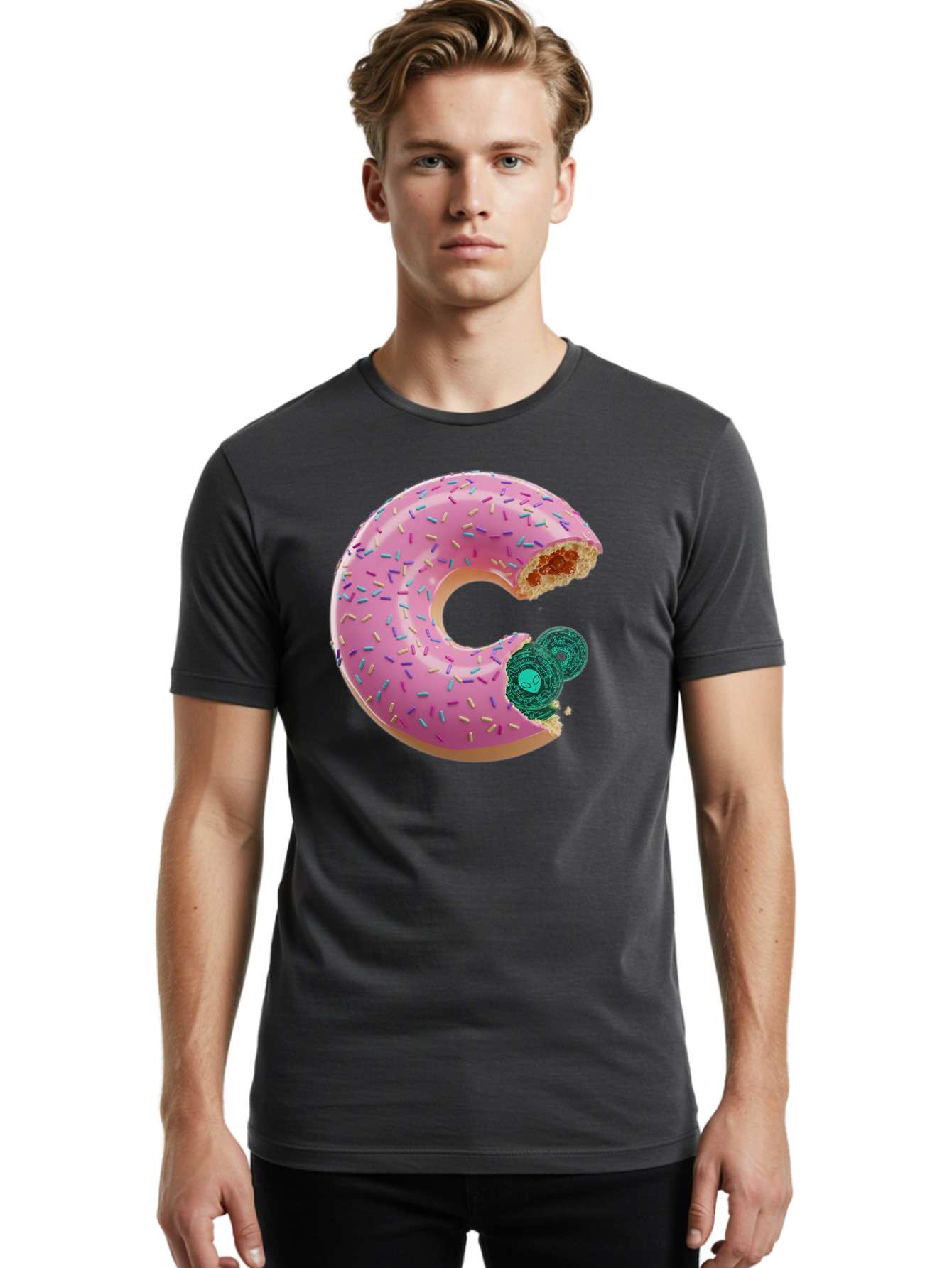 Donut-With-Bitcoin-Bite Men'S Graphic Tee, 100% Cotton, Comfortable Casual Summer Wear, Machine Washable, Pink Donut, Donut With Jelly Filling, Jelly Donut, Donut With Sprinkles, Bitten Donut, Donut Treat, Sweet Pastry, Dessert Food Bab876