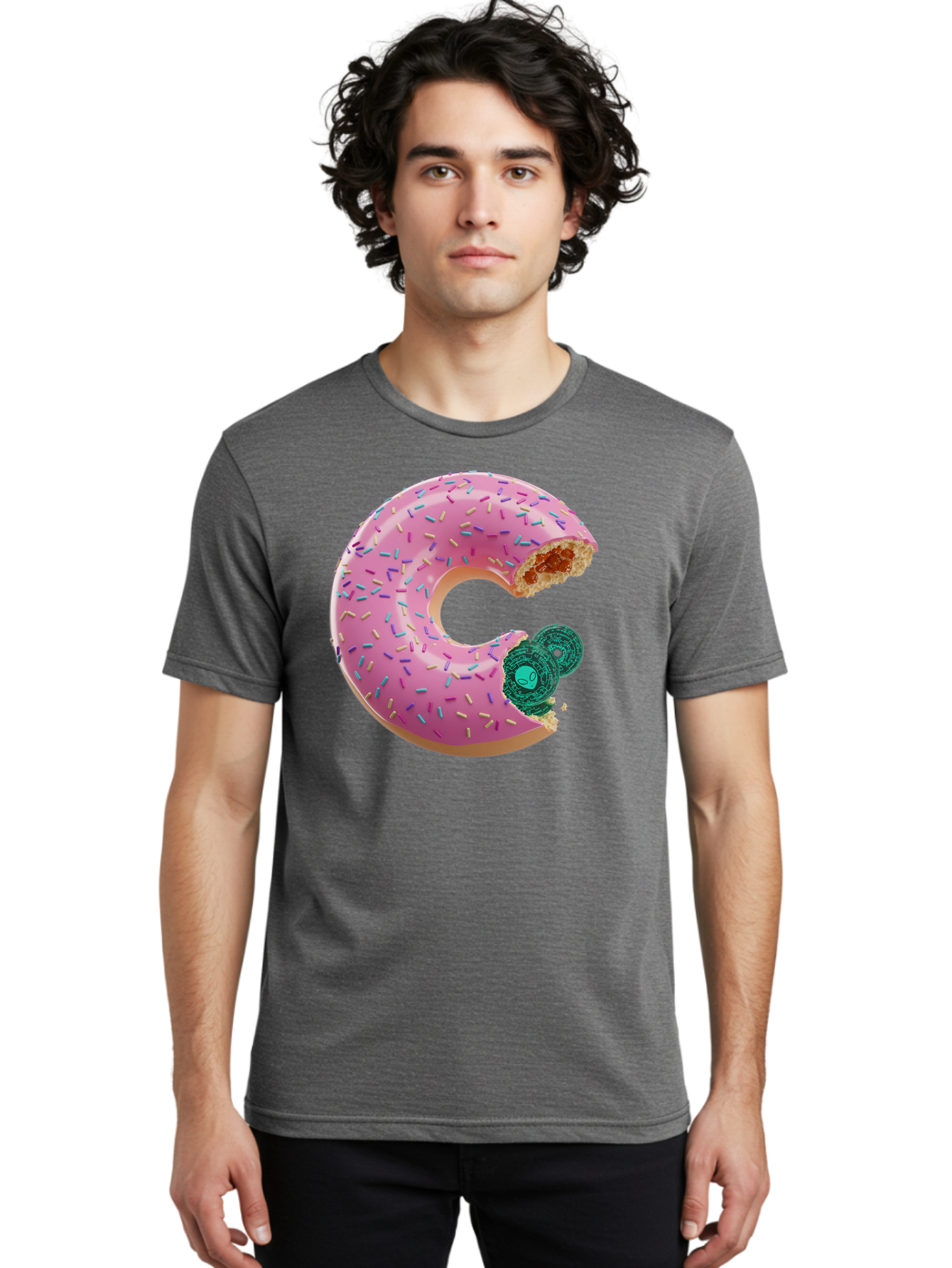 Donut-With-Bitcoin-Bite Men'S Graphic Tee, 100% Cotton, Comfortable Casual Summer Wear, Machine Washable, Pink Donut, Donut With Jelly Filling, Jelly Donut, Donut With Sprinkles, Bitten Donut, Donut Treat, Sweet Pastry, Dessert Food Bab876