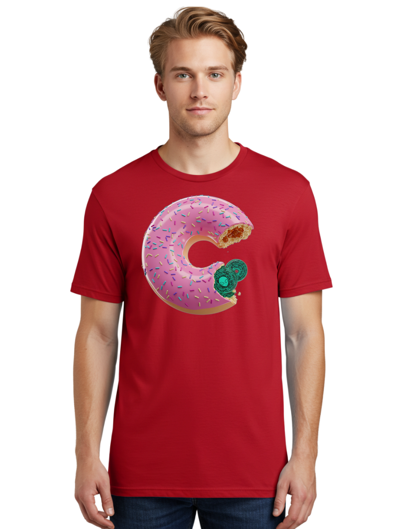 Donut-With-Bitcoin-Bite Men'S Graphic Tee, 100% Cotton, Comfortable Casual Summer Wear, Machine Washable, Pink Donut, Donut With Jelly Filling, Jelly Donut, Donut With Sprinkles, Bitten Donut, Donut Treat, Sweet Pastry, Dessert Food Bab876