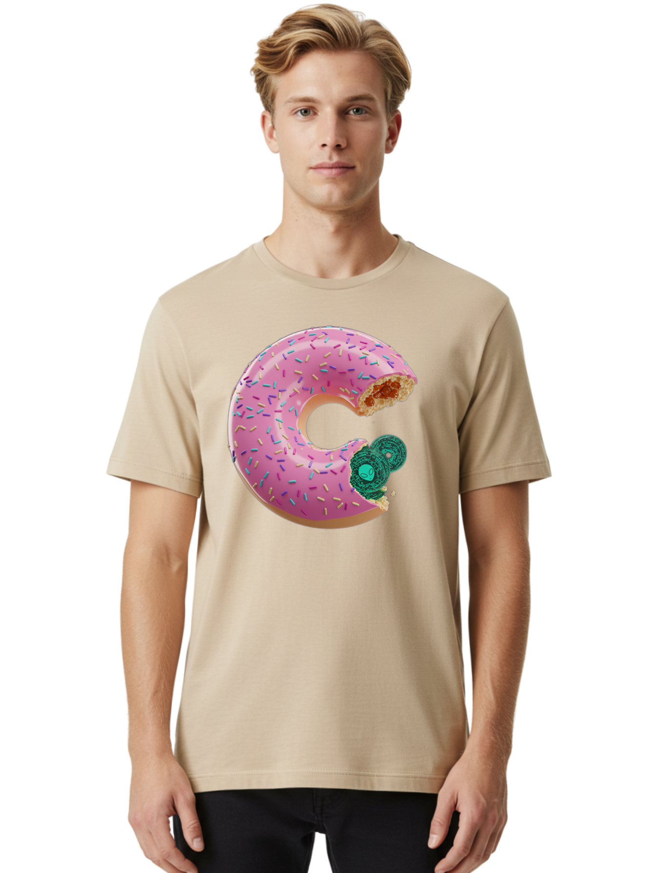 Donut-With-Bitcoin-Bite Men'S Graphic Tee, 100% Cotton, Comfortable Casual Summer Wear, Machine Washable, Pink Donut, Donut With Jelly Filling, Jelly Donut, Donut With Sprinkles, Bitten Donut, Donut Treat, Sweet Pastry, Dessert Food Bab876