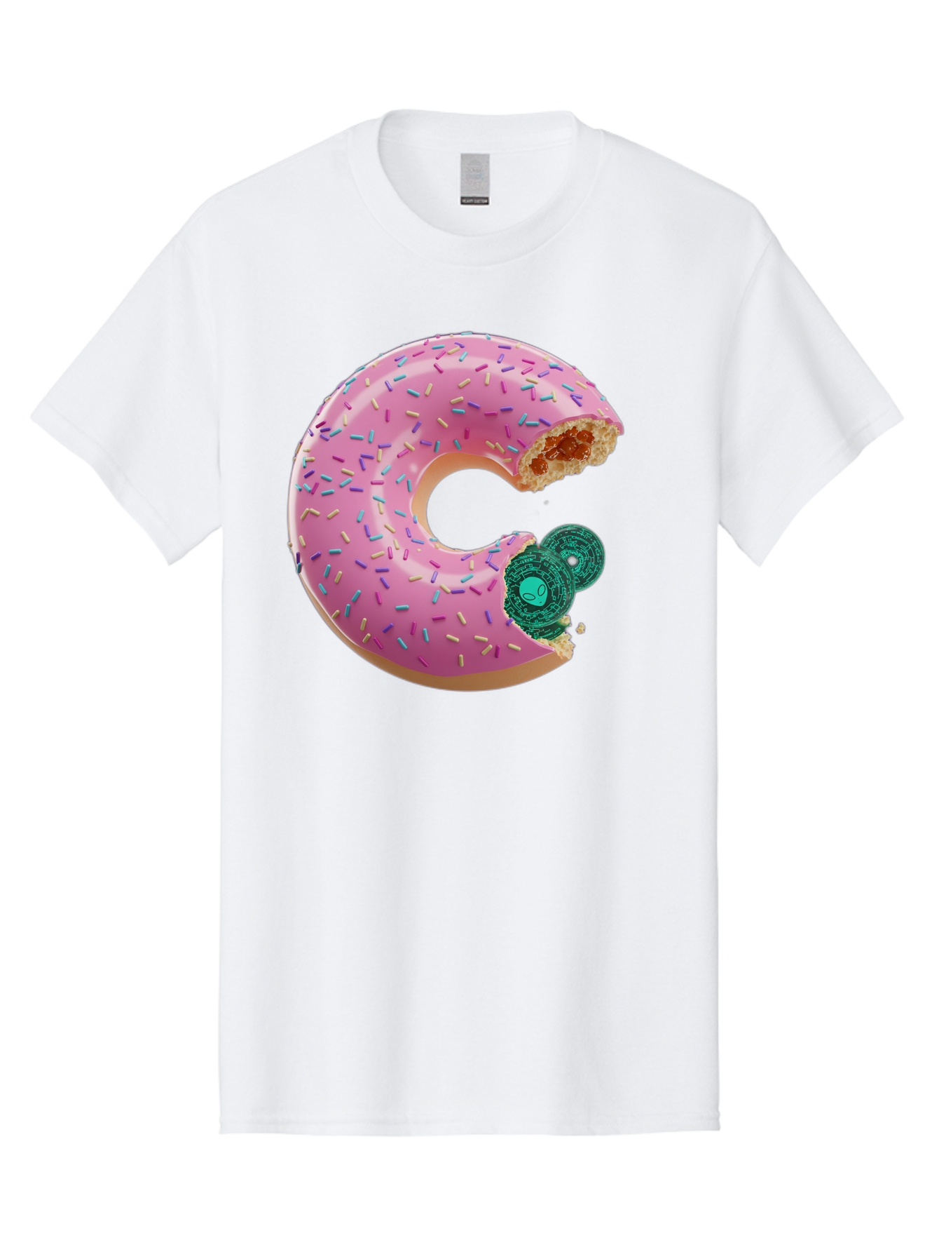 Donut-With-Bitcoin-Bite Men'S Graphic Tee, 100% Cotton, Comfortable Casual Summer Wear, Machine Washable, Pink Donut, Donut With Jelly Filling, Jelly Donut, Donut With Sprinkles, Bitten Donut, Donut Treat, Sweet Pastry, Dessert Food Bab876
