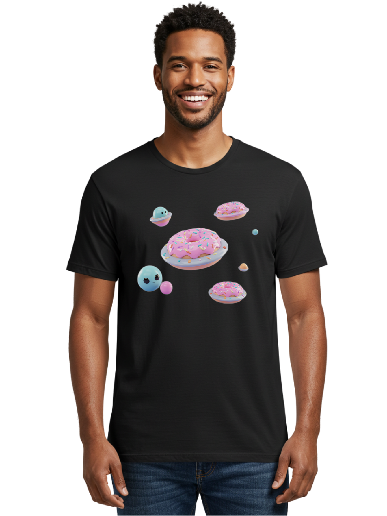 Donuts-And-Space-Creatures Men'S Graphic Tee, 100% Cotton, Comfortable Casual Summer Wear, Machine Washable, Colorful Donuts, Pink Frosting, Rainbow Sprinkles, Cute Slimes, Pastel Colors, Whimsical Design, Playful Treat, Sweet Delight, Bab877
