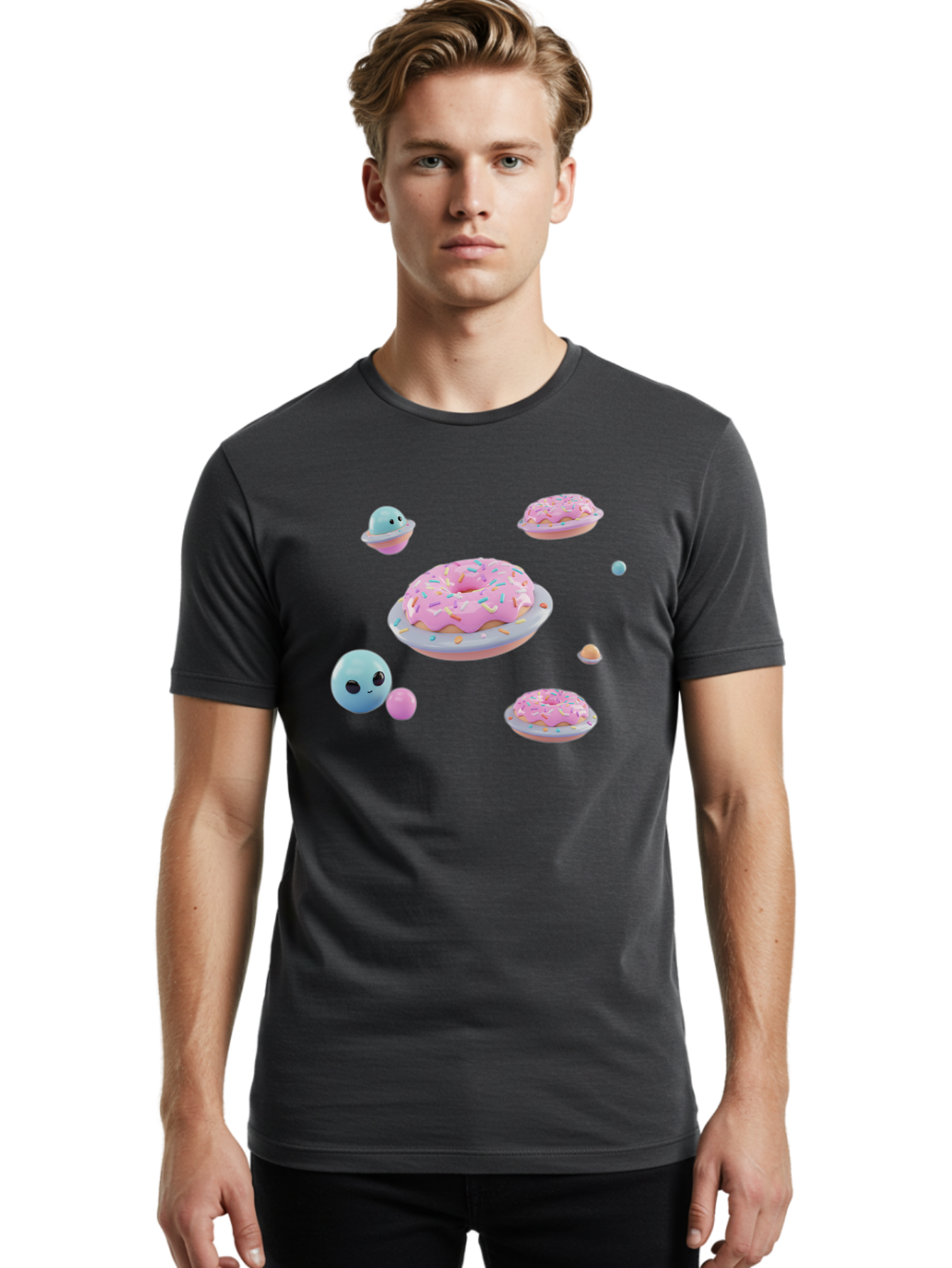 Donuts-And-Space-Creatures Men'S Graphic Tee, 100% Cotton, Comfortable Casual Summer Wear, Machine Washable, Colorful Donuts, Pink Frosting, Rainbow Sprinkles, Cute Slimes, Pastel Colors, Whimsical Design, Playful Treat, Sweet Delight, Bab877