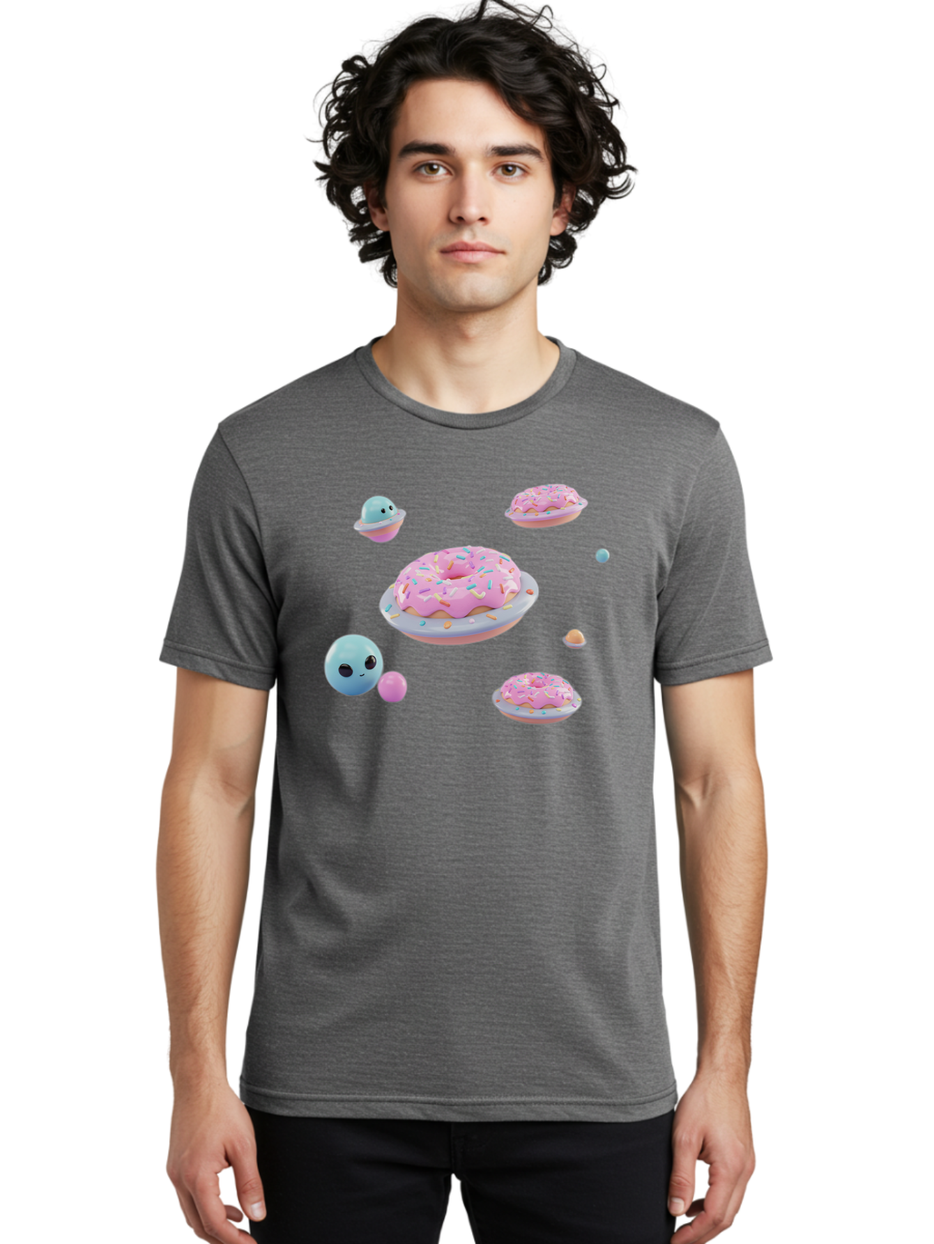 Donuts-And-Space-Creatures Men'S Graphic Tee, 100% Cotton, Comfortable Casual Summer Wear, Machine Washable, Colorful Donuts, Pink Frosting, Rainbow Sprinkles, Cute Slimes, Pastel Colors, Whimsical Design, Playful Treat, Sweet Delight, Bab877