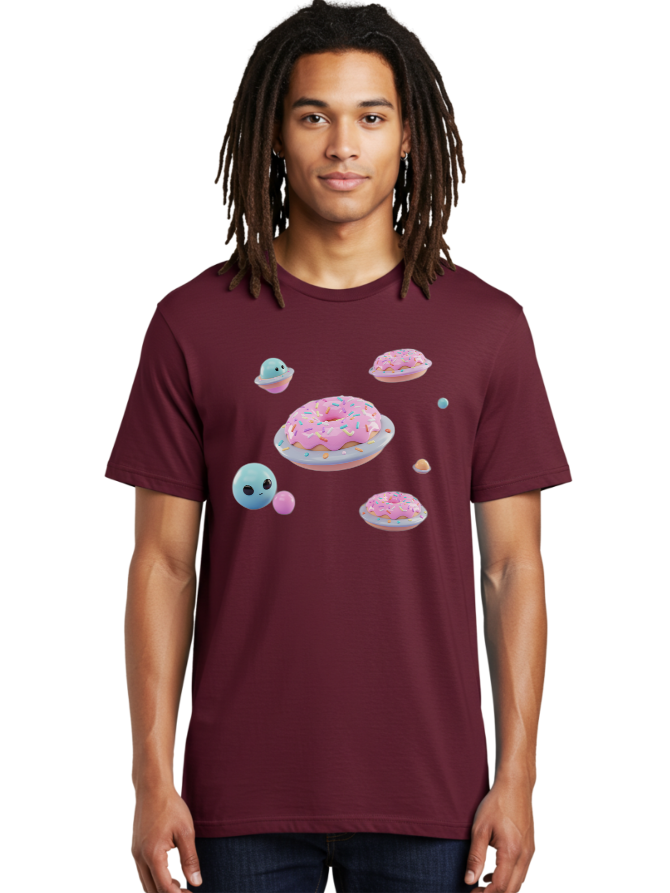 Donuts-And-Space-Creatures Men'S Graphic Tee, 100% Cotton, Comfortable Casual Summer Wear, Machine Washable, Colorful Donuts, Pink Frosting, Rainbow Sprinkles, Cute Slimes, Pastel Colors, Whimsical Design, Playful Treat, Sweet Delight, Bab877