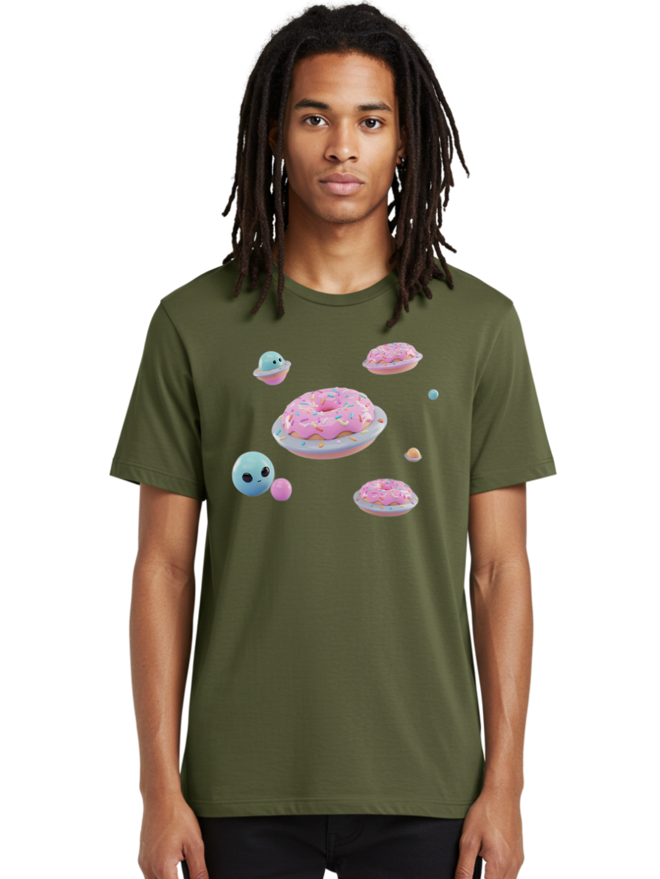 Donuts-And-Space-Creatures Men'S Graphic Tee, 100% Cotton, Comfortable Casual Summer Wear, Machine Washable, Colorful Donuts, Pink Frosting, Rainbow Sprinkles, Cute Slimes, Pastel Colors, Whimsical Design, Playful Treat, Sweet Delight, Bab877