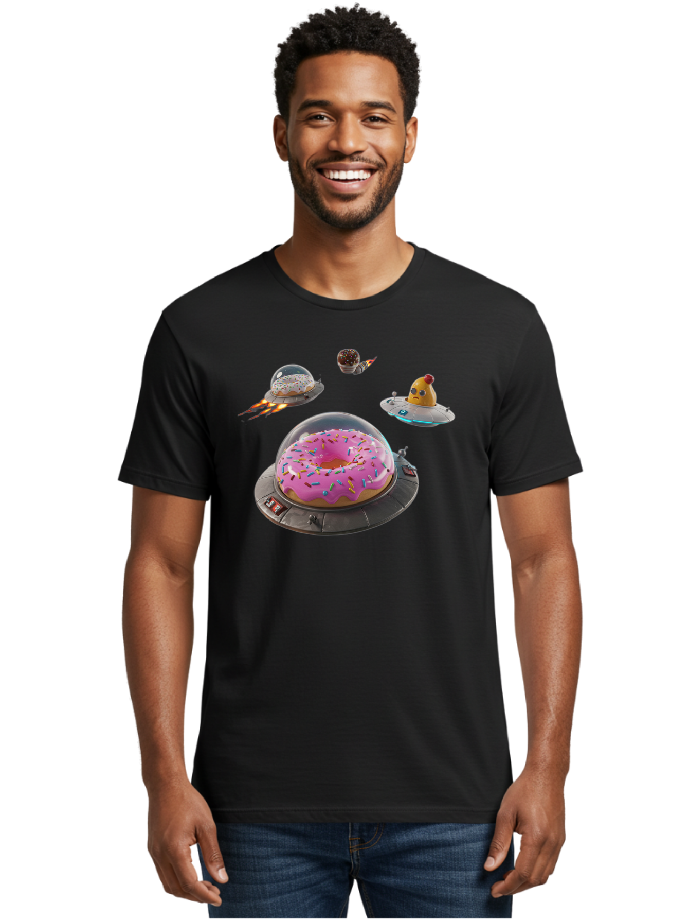 Donuts-In-Ufos Men'S Graphic Tee, 100% Cotton, Comfortable Casual Summer Wear, Machine Washable, Donuts In Ufos, Pink Frosted Donut, Sprinkles, Cupcakes, Ufos, Flying Saucers, Desserts, Sweet Treats, Futuristic, Colorful, Whimsical, Bab878