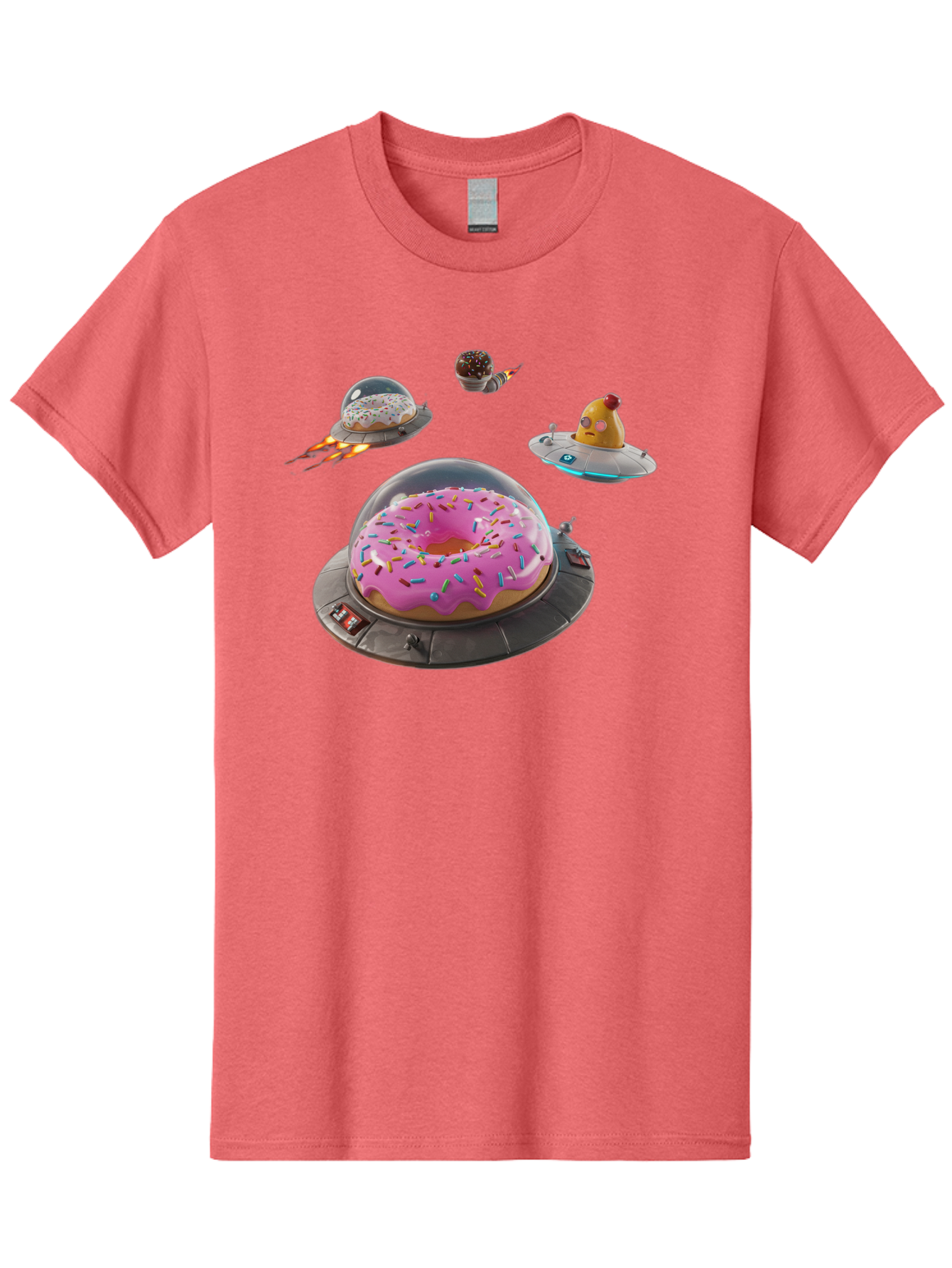 Donuts-In-Ufos Men'S Graphic Tee, 100% Cotton, Comfortable Casual Summer Wear, Machine Washable, Donuts In Ufos, Pink Frosted Donut, Sprinkles, Cupcakes, Ufos, Flying Saucers, Desserts, Sweet Treats, Futuristic, Colorful, Whimsical, Bab878