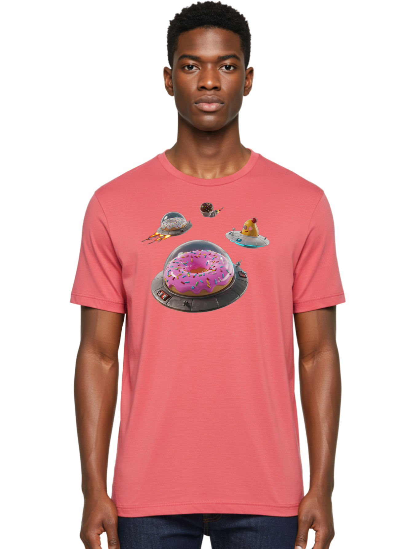 Donuts-In-Ufos Men'S Graphic Tee, 100% Cotton, Comfortable Casual Summer Wear, Machine Washable, Donuts In Ufos, Pink Frosted Donut, Sprinkles, Cupcakes, Ufos, Flying Saucers, Desserts, Sweet Treats, Futuristic, Colorful, Whimsical, Bab878