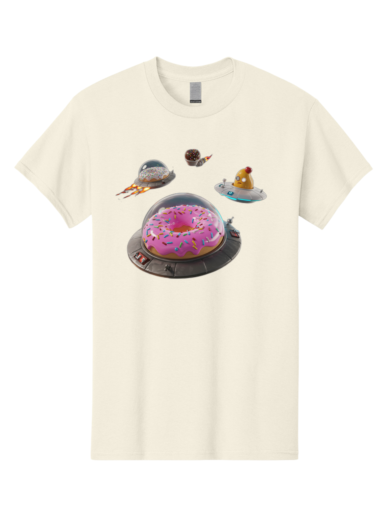 Donuts-In-Ufos Men'S Graphic Tee, 100% Cotton, Comfortable Casual Summer Wear, Machine Washable, Donuts In Ufos, Pink Frosted Donut, Sprinkles, Cupcakes, Ufos, Flying Saucers, Desserts, Sweet Treats, Futuristic, Colorful, Whimsical, Bab878