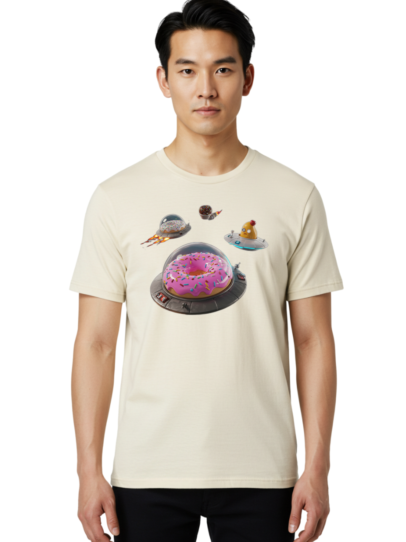 Donuts-In-Ufos Men'S Graphic Tee, 100% Cotton, Comfortable Casual Summer Wear, Machine Washable, Donuts In Ufos, Pink Frosted Donut, Sprinkles, Cupcakes, Ufos, Flying Saucers, Desserts, Sweet Treats, Futuristic, Colorful, Whimsical, Bab878