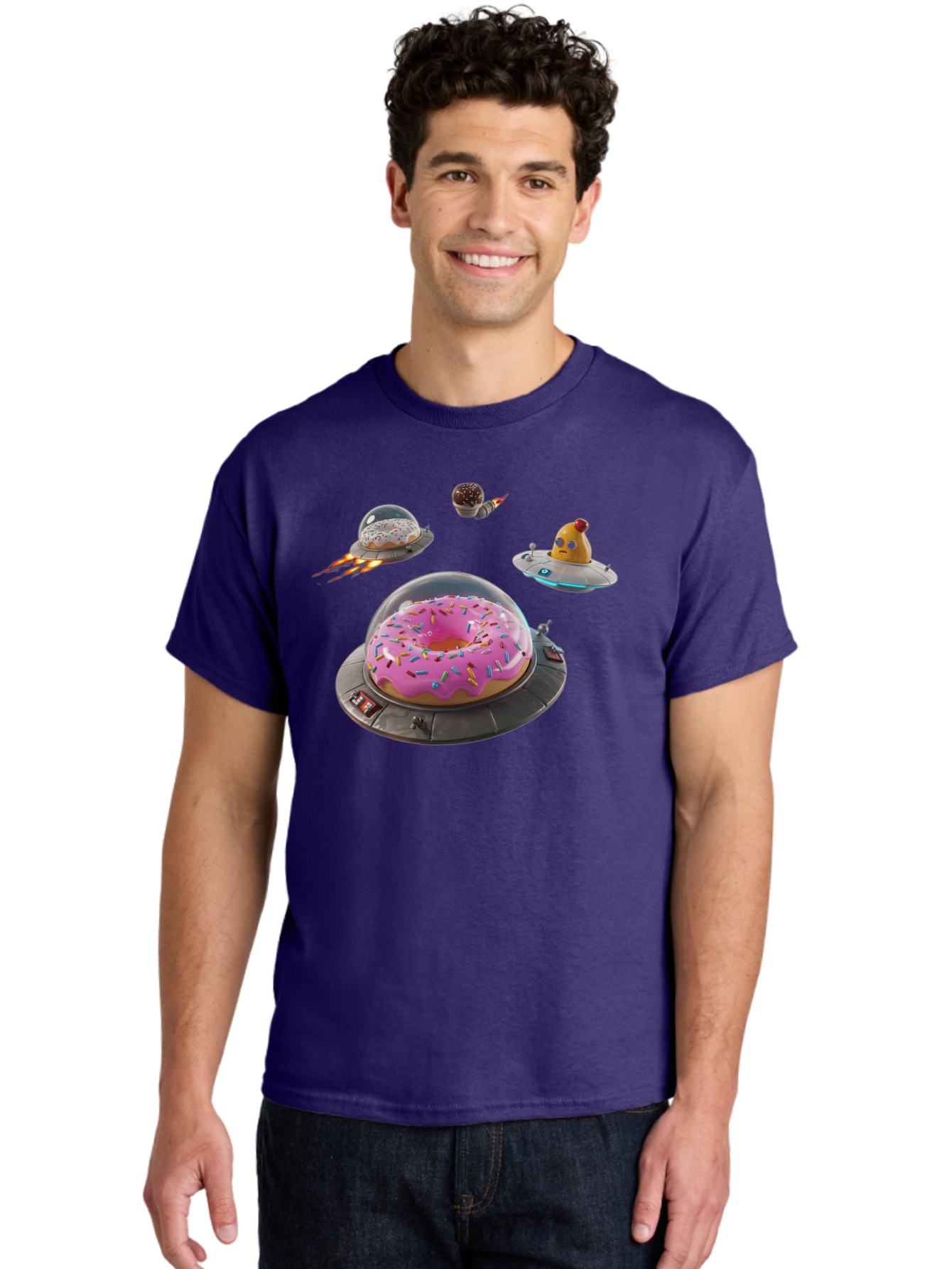 Donuts-In-Ufos Men'S Graphic Tee, 100% Cotton, Comfortable Casual Summer Wear, Machine Washable, Donuts In Ufos, Pink Frosted Donut, Sprinkles, Cupcakes, Ufos, Flying Saucers, Desserts, Sweet Treats, Futuristic, Colorful, Whimsical, Bab878