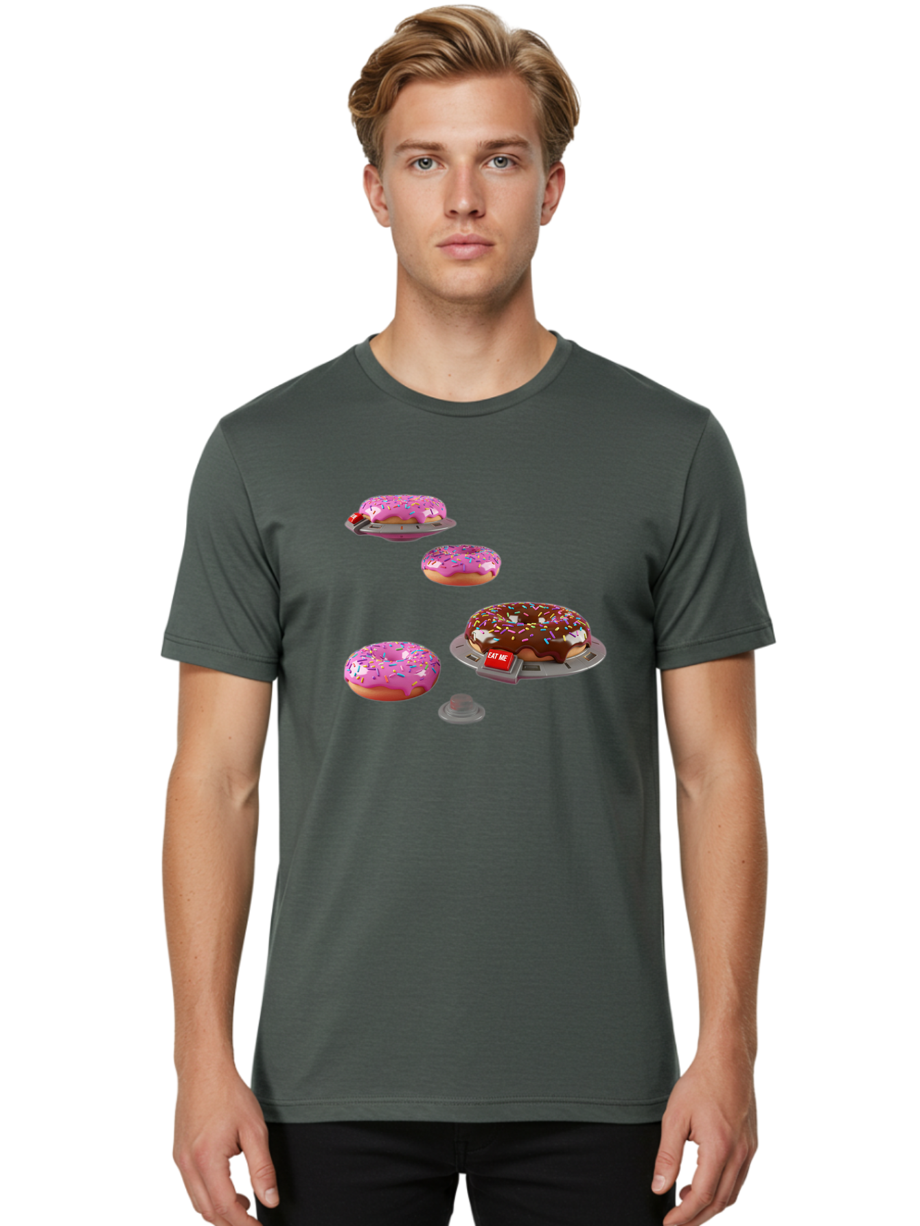 Donuts-On-Ufos Men'S Graphic Tee, 100% Cotton, Comfortable Casual Summer Wear, Machine Washable, Pink Frosted Donuts, Chocolate Frosted Donut, Sprinkles, Ufos, Eat Me Sign, Flying Donuts, Futuristic Dessert, 3D Rendering Bab879