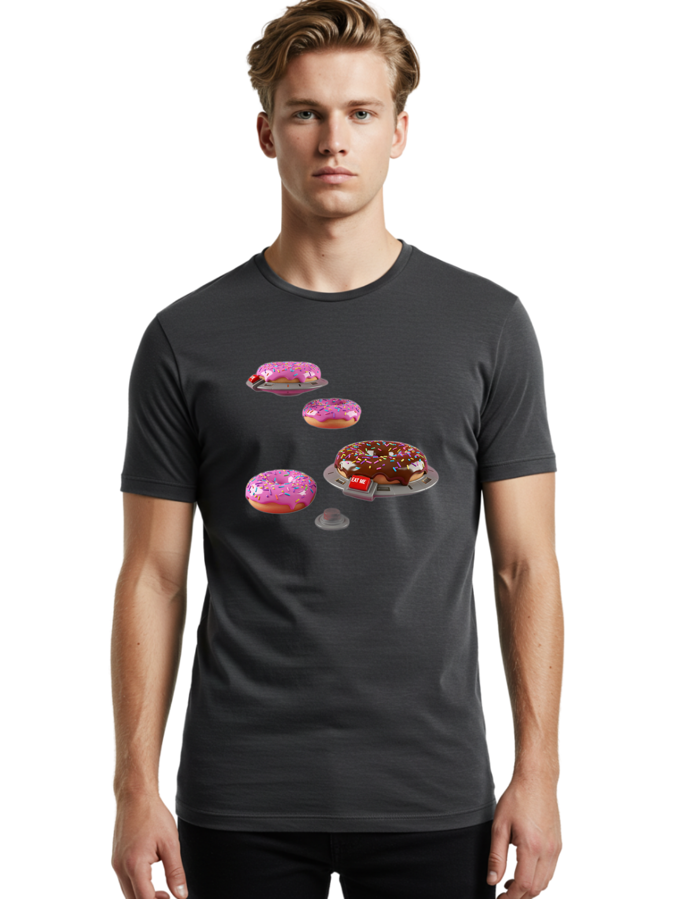 Donuts-On-Ufos Men'S Graphic Tee, 100% Cotton, Comfortable Casual Summer Wear, Machine Washable, Pink Frosted Donuts, Chocolate Frosted Donut, Sprinkles, Ufos, Eat Me Sign, Flying Donuts, Futuristic Dessert, 3D Rendering Bab879