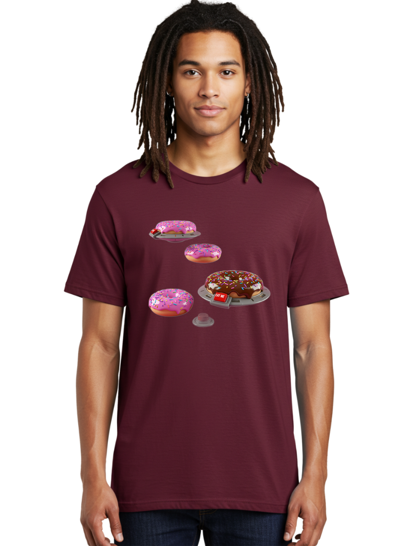Donuts-On-Ufos Men'S Graphic Tee, 100% Cotton, Comfortable Casual Summer Wear, Machine Washable, Pink Frosted Donuts, Chocolate Frosted Donut, Sprinkles, Ufos, Eat Me Sign, Flying Donuts, Futuristic Dessert, 3D Rendering Bab879