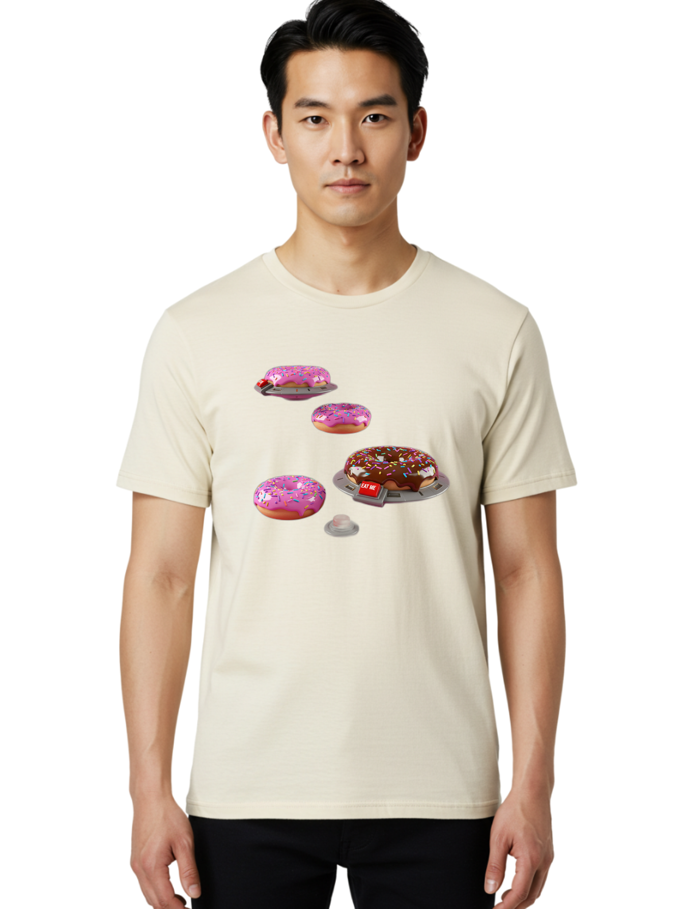 Donuts-On-Ufos Men'S Graphic Tee, 100% Cotton, Comfortable Casual Summer Wear, Machine Washable, Pink Frosted Donuts, Chocolate Frosted Donut, Sprinkles, Ufos, Eat Me Sign, Flying Donuts, Futuristic Dessert, 3D Rendering Bab879