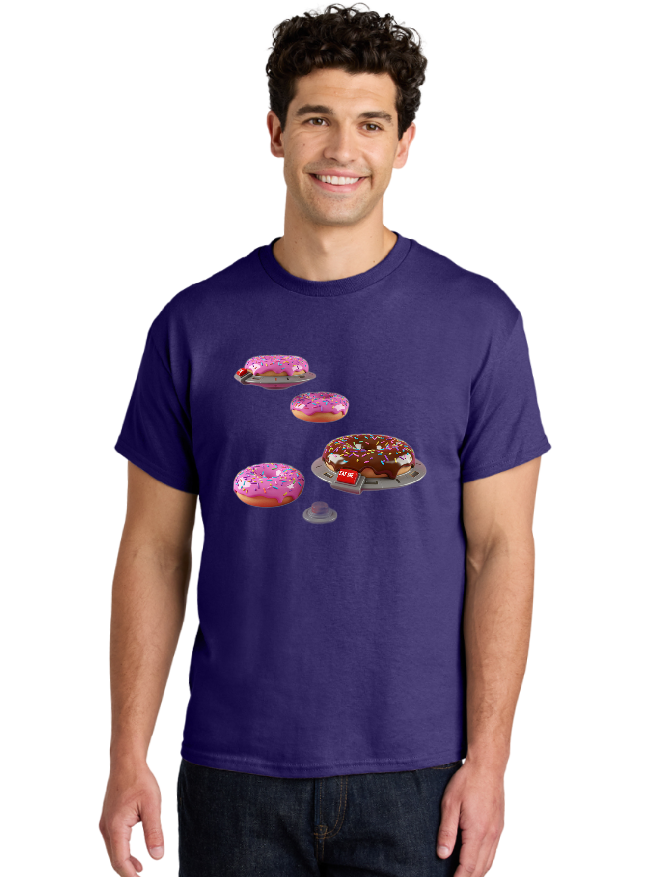 Donuts-On-Ufos Men'S Graphic Tee, 100% Cotton, Comfortable Casual Summer Wear, Machine Washable, Pink Frosted Donuts, Chocolate Frosted Donut, Sprinkles, Ufos, Eat Me Sign, Flying Donuts, Futuristic Dessert, 3D Rendering Bab879