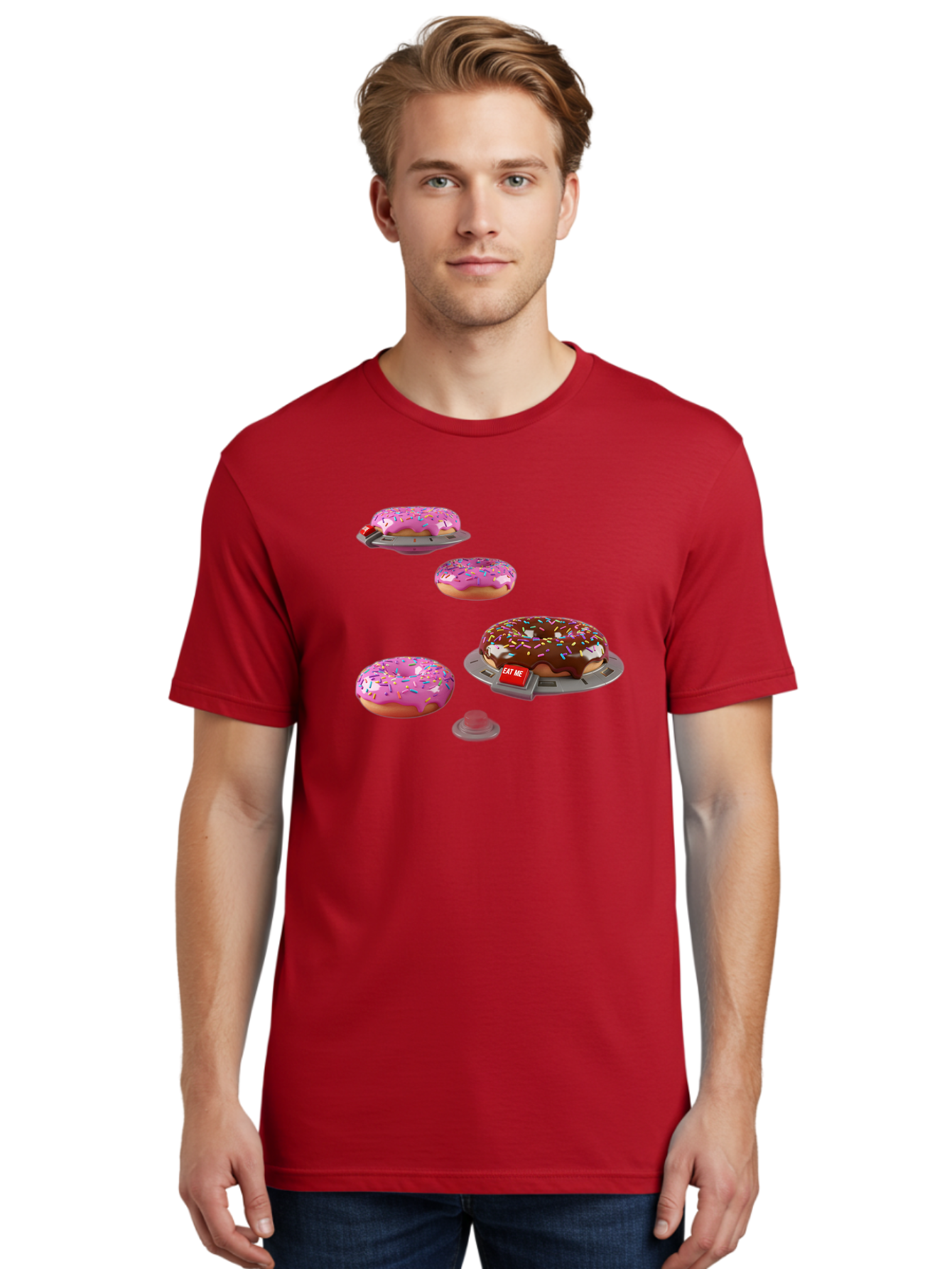 Donuts-On-Ufos Men'S Graphic Tee, 100% Cotton, Comfortable Casual Summer Wear, Machine Washable, Pink Frosted Donuts, Chocolate Frosted Donut, Sprinkles, Ufos, Eat Me Sign, Flying Donuts, Futuristic Dessert, 3D Rendering Bab879
