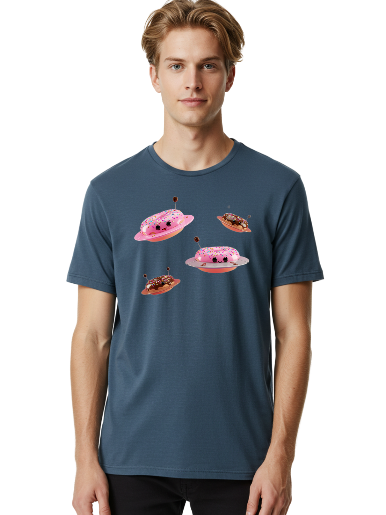 Donuts-Ufo Men'S Graphic Tee, 100% Cotton, Comfortable Casual Summer Wear, Machine Washable, Donut Ufos, Pink Donut, Chocolate Donut, Sprinkles, Funny Ufo, Cartoon Ufo, Whimsical Illustration, Foodie Humor, Alien Donuts, Playful Graphics Bab880