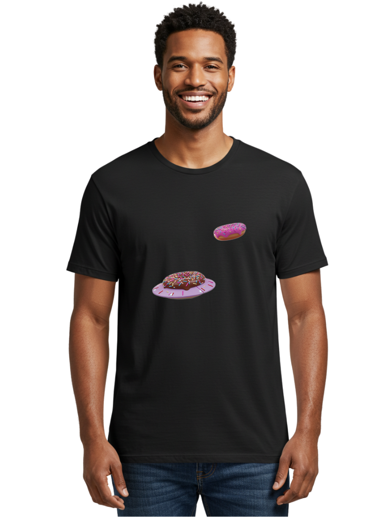 Donuts-With-Sprinkles Men'S Graphic Tee, 100% Cotton, Comfortable Casual Summer Wear, Machine Washable, Donuts In Mid-Air, Chocolate Donut With Sprinkles, Pink Frosting And Sprinkles, Sweet Treats, Dessert Delights, Tasty Pastries, Bab881