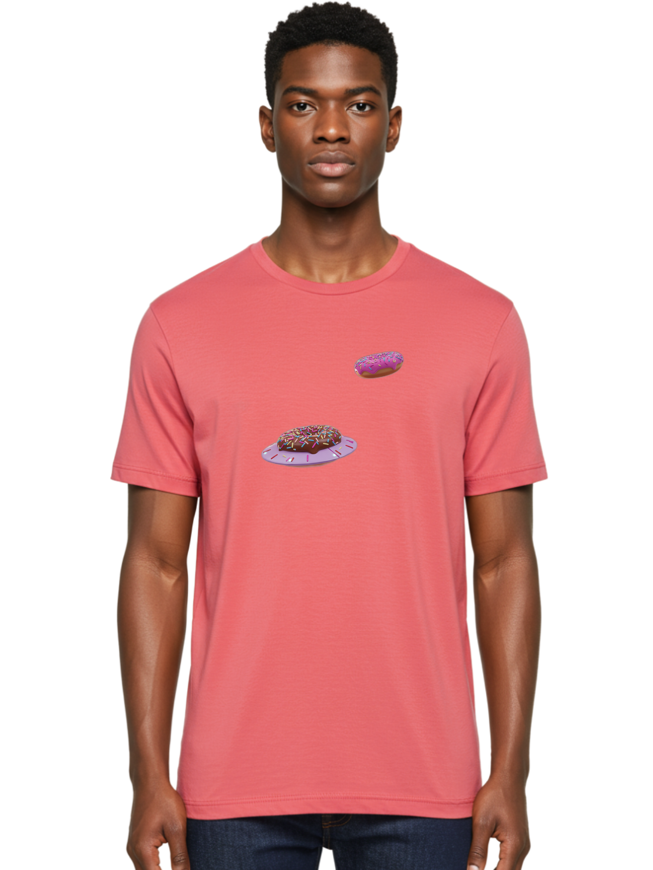 Donuts-With-Sprinkles Men'S Graphic Tee, 100% Cotton, Comfortable Casual Summer Wear, Machine Washable, Donuts In Mid-Air, Chocolate Donut With Sprinkles, Pink Frosting And Sprinkles, Sweet Treats, Dessert Delights, Tasty Pastries, Bab881