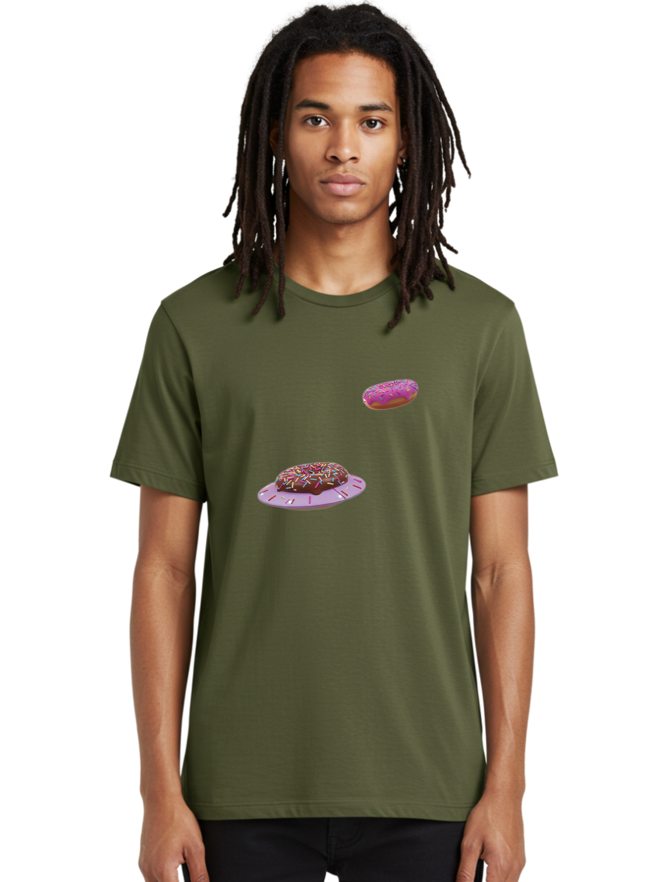Donuts-With-Sprinkles Men'S Graphic Tee, 100% Cotton, Comfortable Casual Summer Wear, Machine Washable, Donuts In Mid-Air, Chocolate Donut With Sprinkles, Pink Frosting And Sprinkles, Sweet Treats, Dessert Delights, Tasty Pastries, Bab881